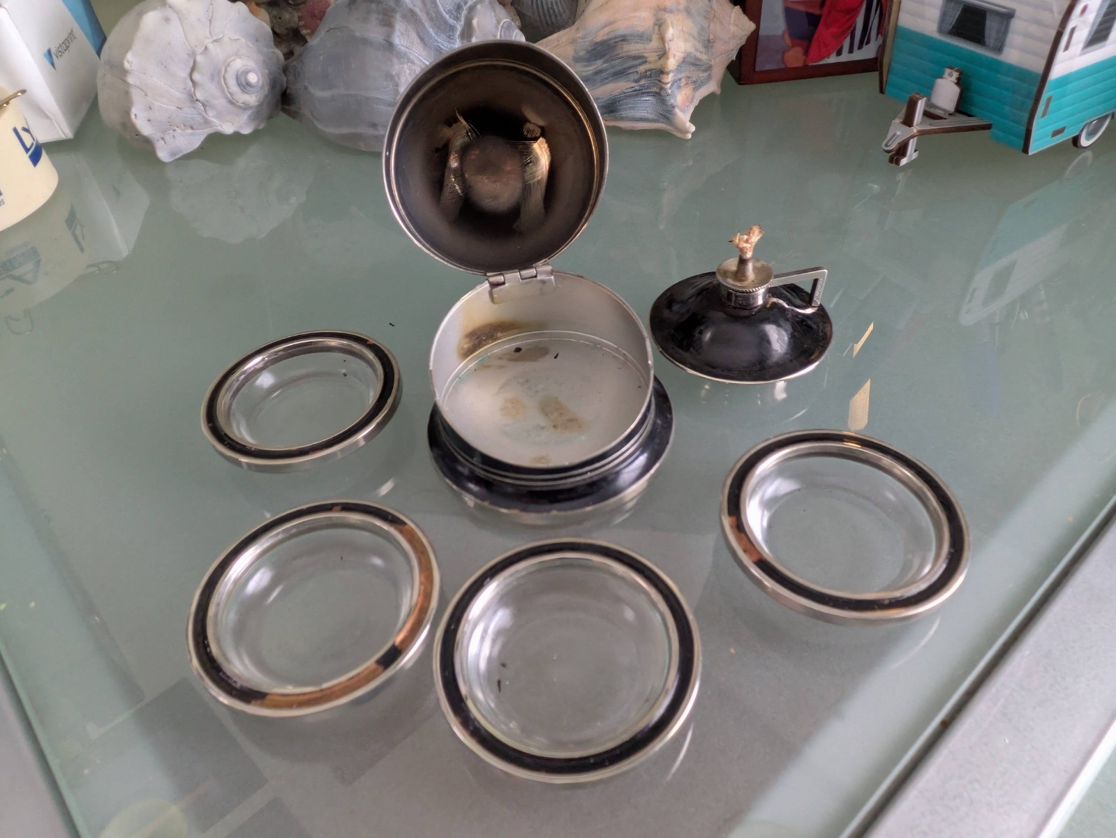 German Deco Black Enamel/Silver Smoking Set w/Stacked Ashtrays & Alcohol Lighter