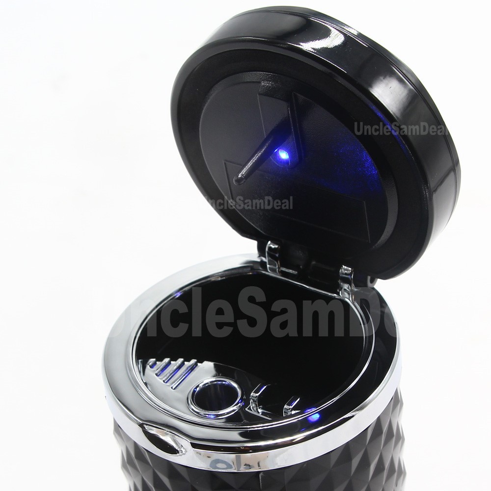 TYPE-S BLACK DIAMOND PRINT CAR ASH TRAY ASHTRAY WITH SOLAR POWER LED LIGHT LID