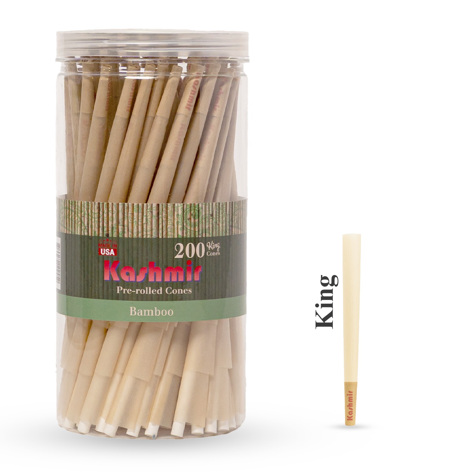 Bamboo Pre Rolled Cones King Size 200 Ct Rolling Paper Cones W/Tips- Kashmir