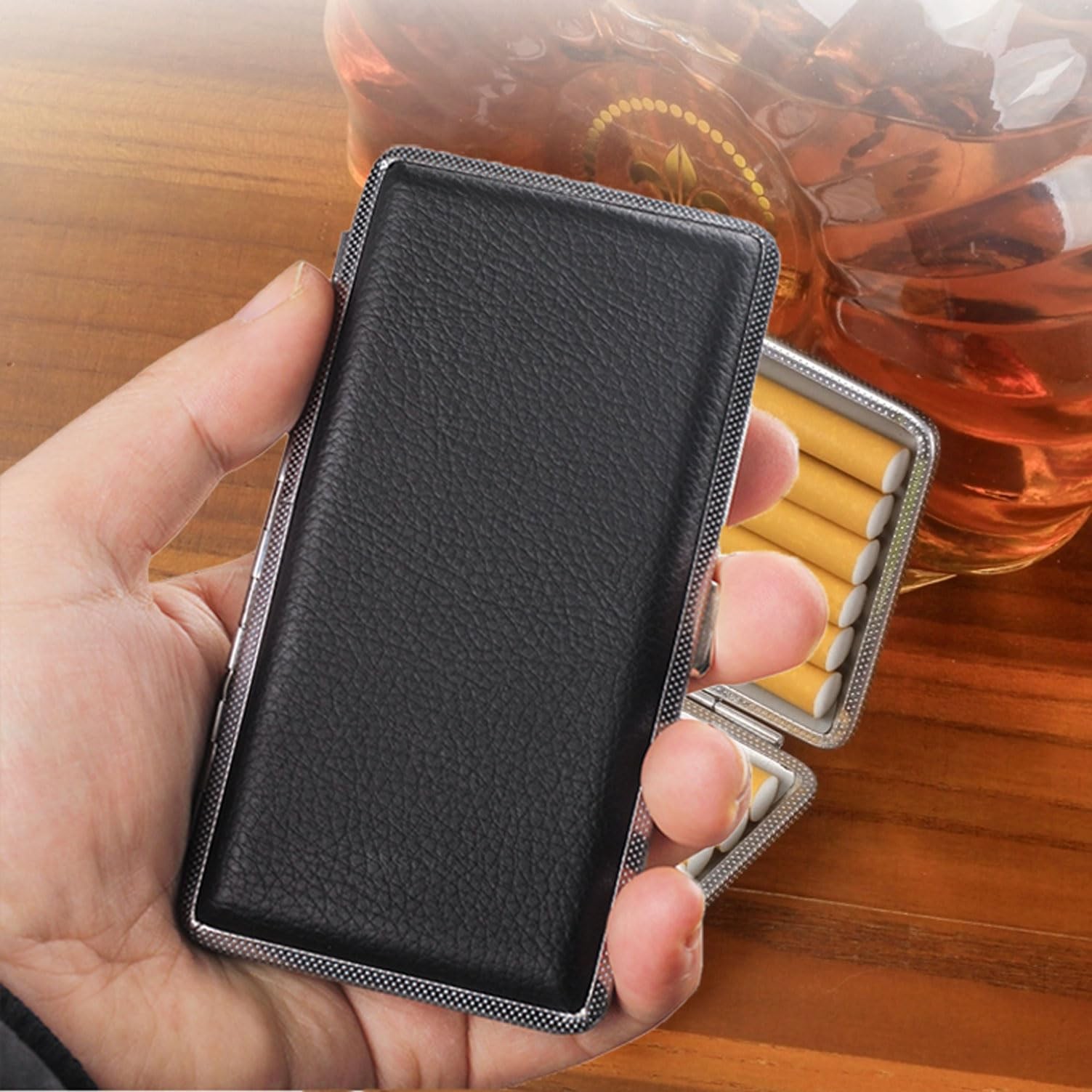 Leather Cigarette Case 14 King Size 120mm Black Metal Box Gift
