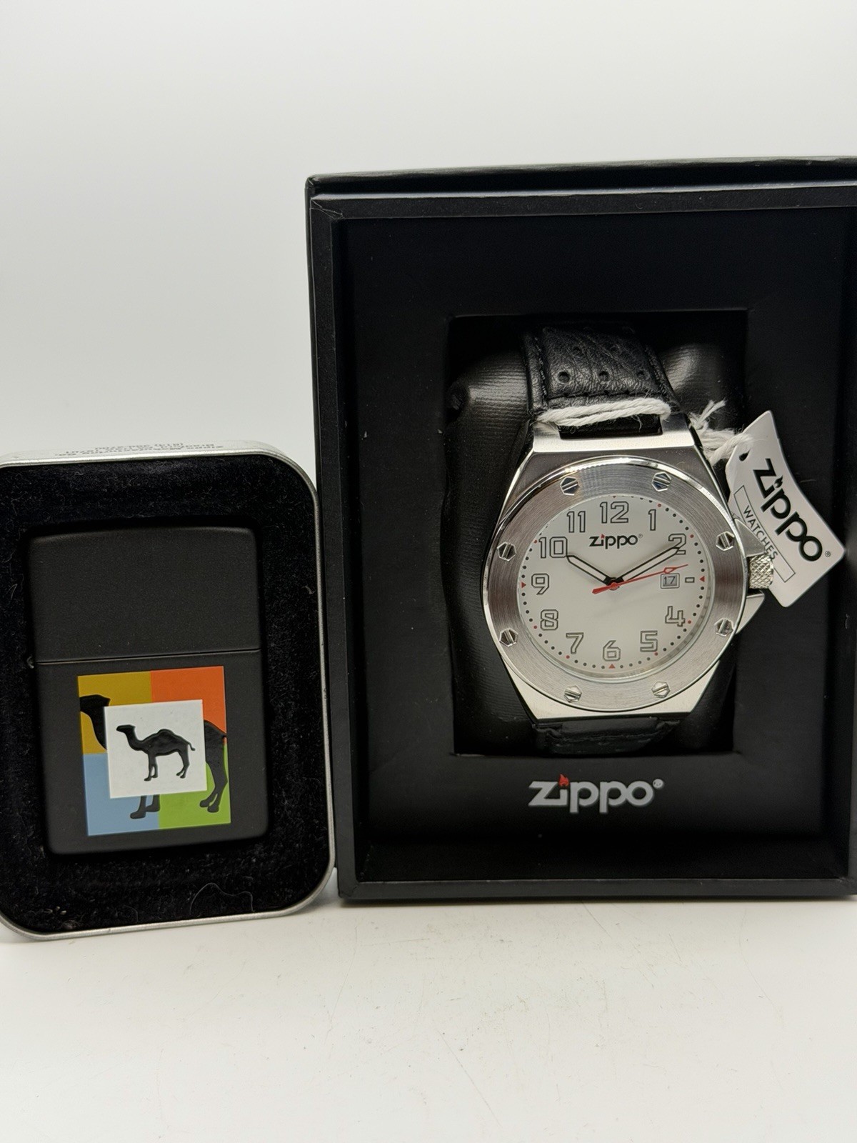 Vintage 1996 Double Camel Riddle Black Matte Zippo Lighter W/ Casual Men’s Watch