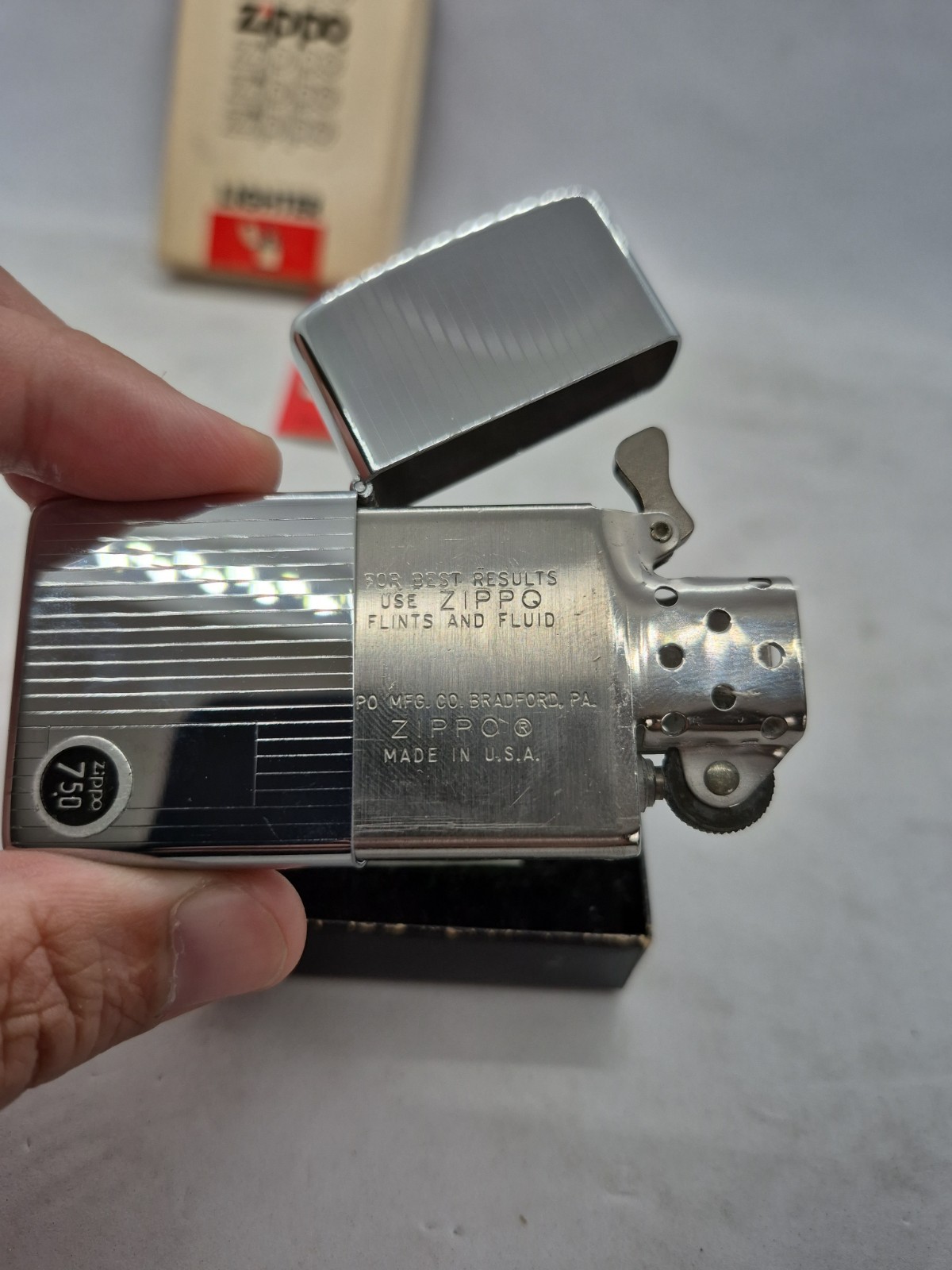 1979 Zippo No. 350 Engine Turned Pinstripe Chrome Lighter Box Papers Unused
