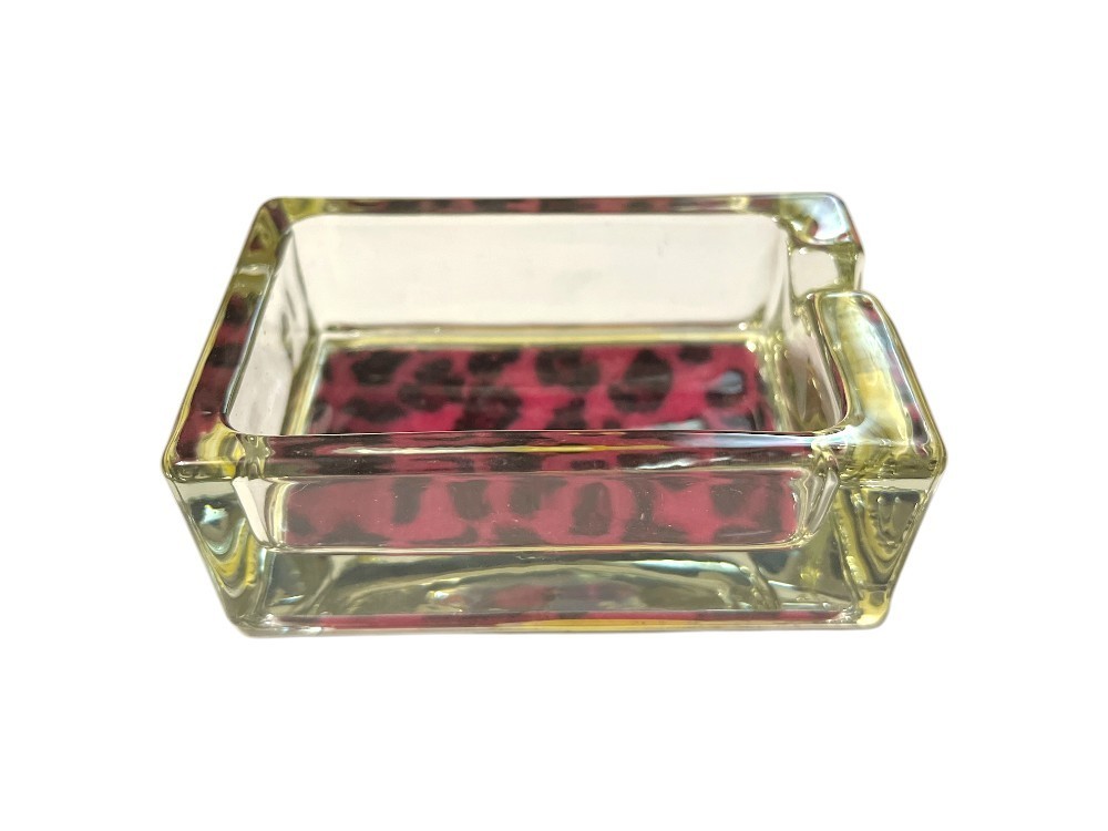 Pink & Black Animal Print Glass & Fur Ashtray For Cigarettes & More