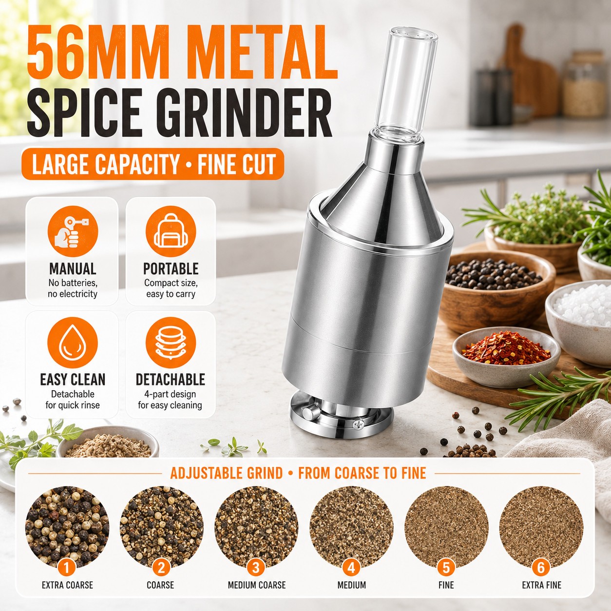 56mm Big Size Manual Metal Spice Powder Grinder Hand Crank Funnel Container Tool