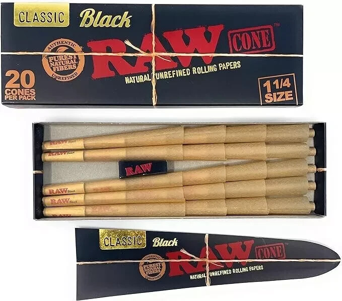Raw Classic Black 1 1/4 CONE Rolling Papers 20 Cones/PK 79mm Cones USA SHIPPED