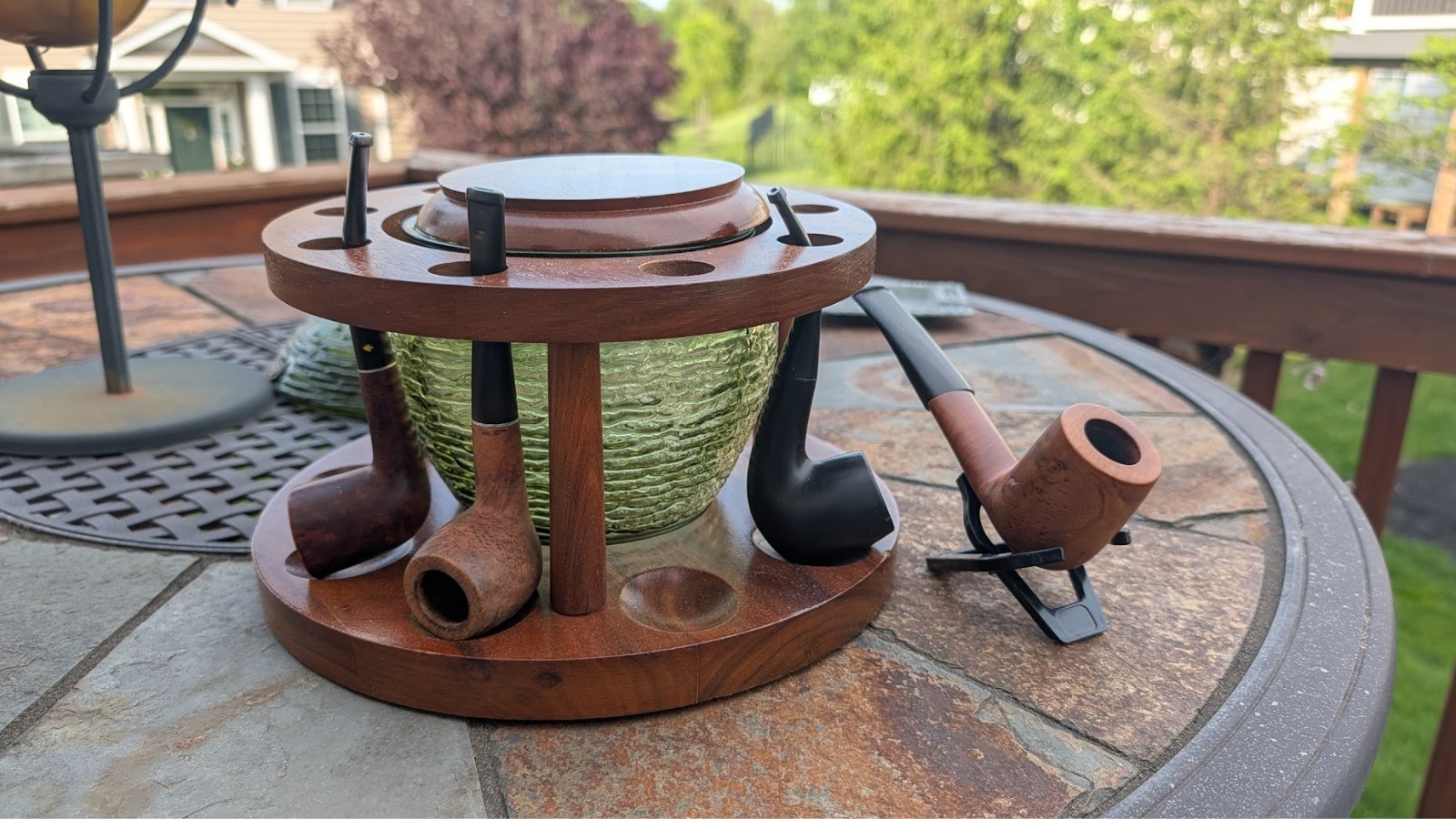Vintage 70s Fairfax Pipe Rack with Green Glass Humidor Jar + 4 Tobacco Pipes