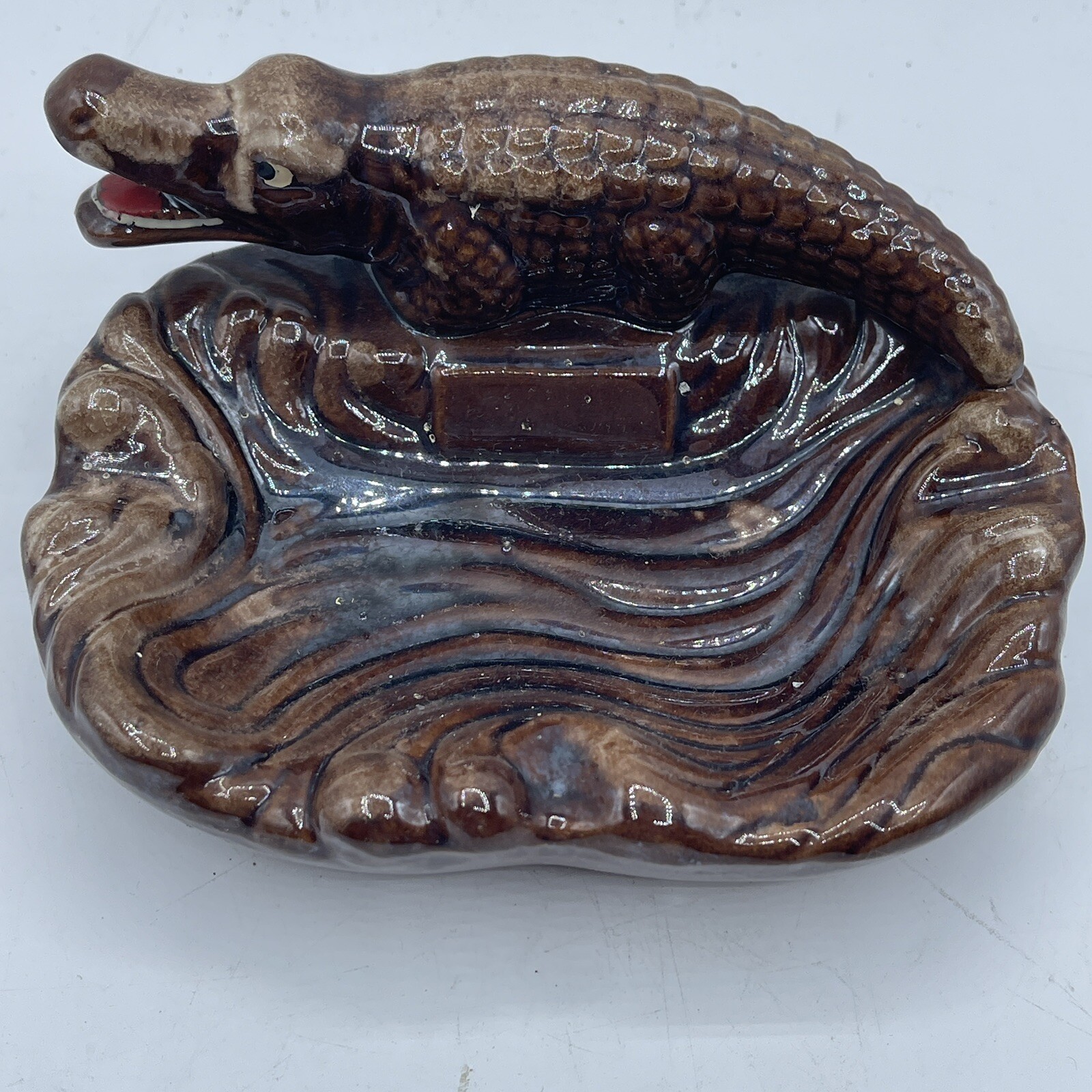 Glazed Alligator Ceramic Ashtray Vintage Brown Gold Florida Souvenir Tourist 6”