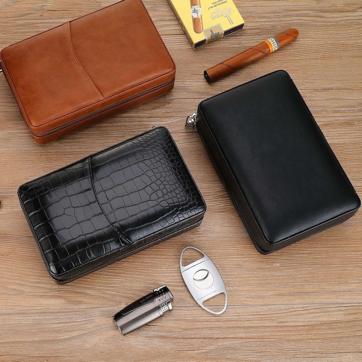 Luxury Cedar Leather Cigar Travel Humidor & Accessories Gift Set – Brown