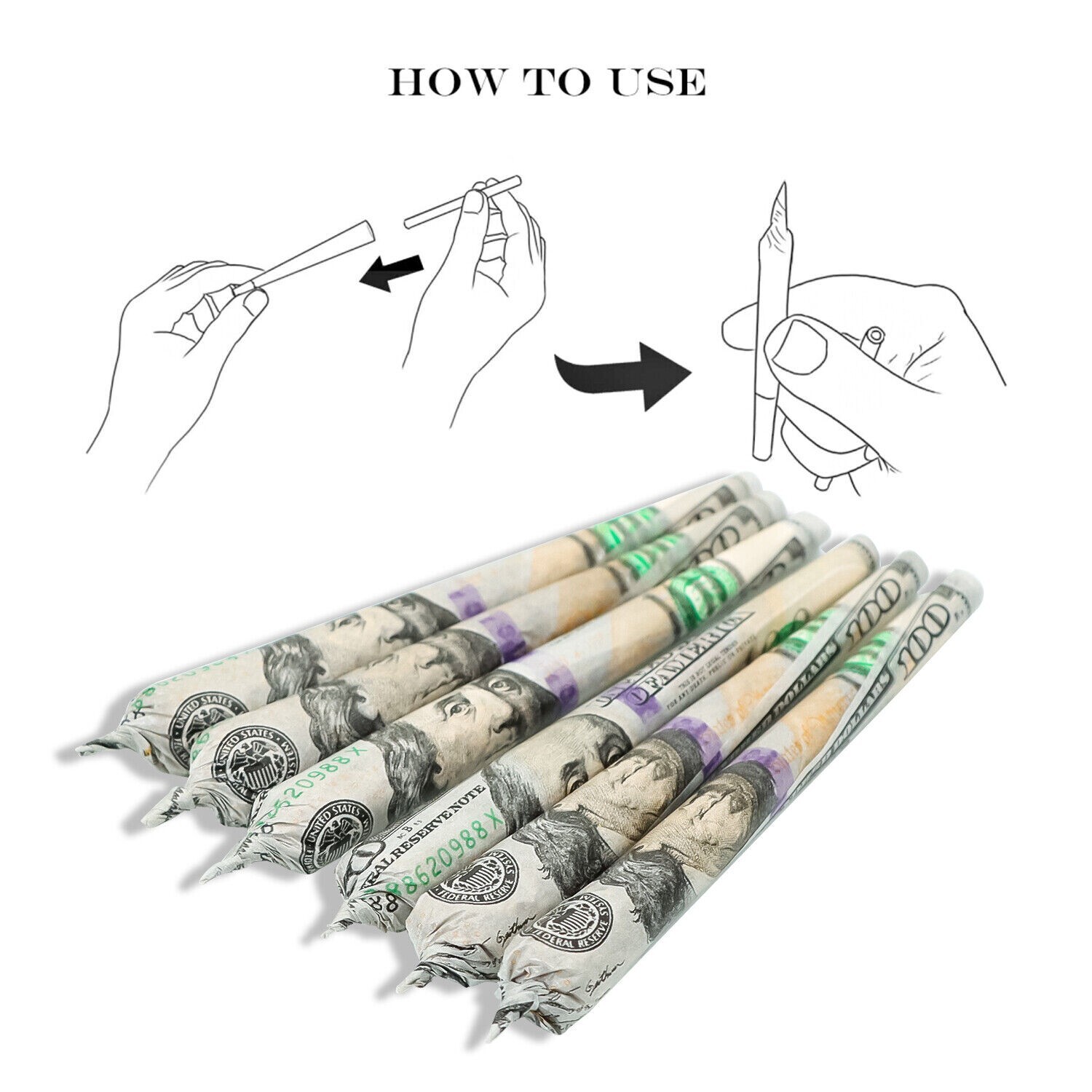 Dollar Bill King Size 100 Cones- Pre Rolled Paper Cones with Filter Tips