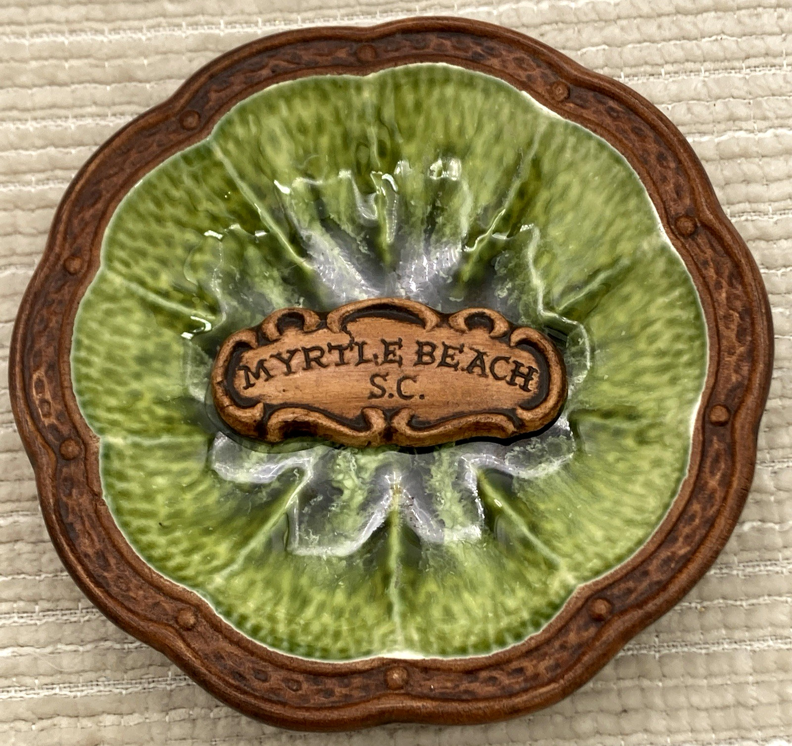 Vintage Treasure Craft Myrtle Beach South Carolina Ashtray Green Brown USA 5″