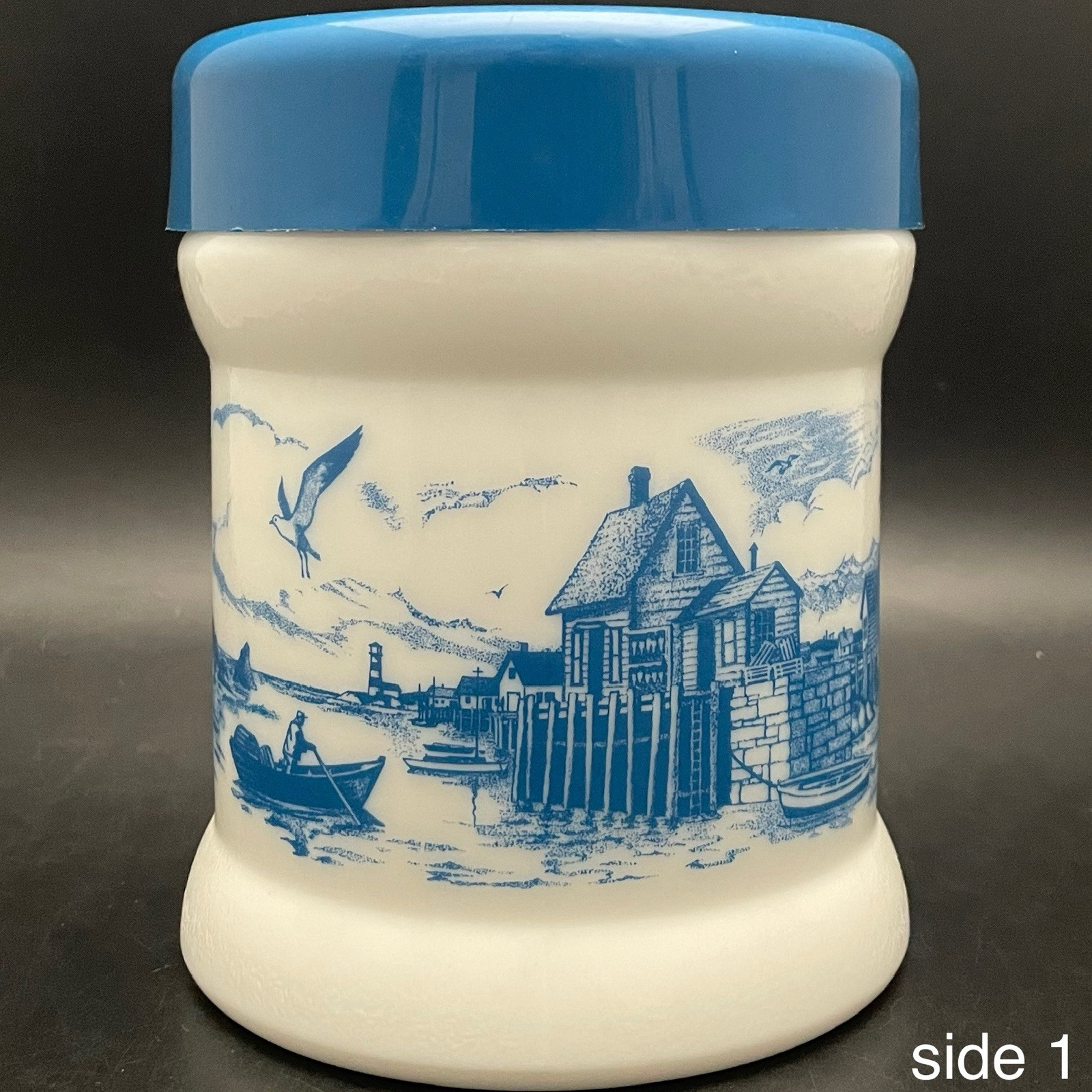 Vintage Milk Glass Blue Dutch Bayside Lighthouse Cigar/Tobacco Jar c1960 Belgium