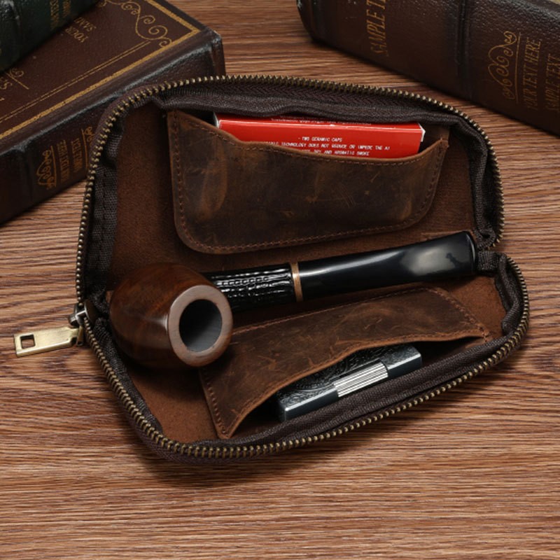 Handmade Cowhide Leather Pipe Bag Smoking Accessories Pipe Pouch Tobacco Case