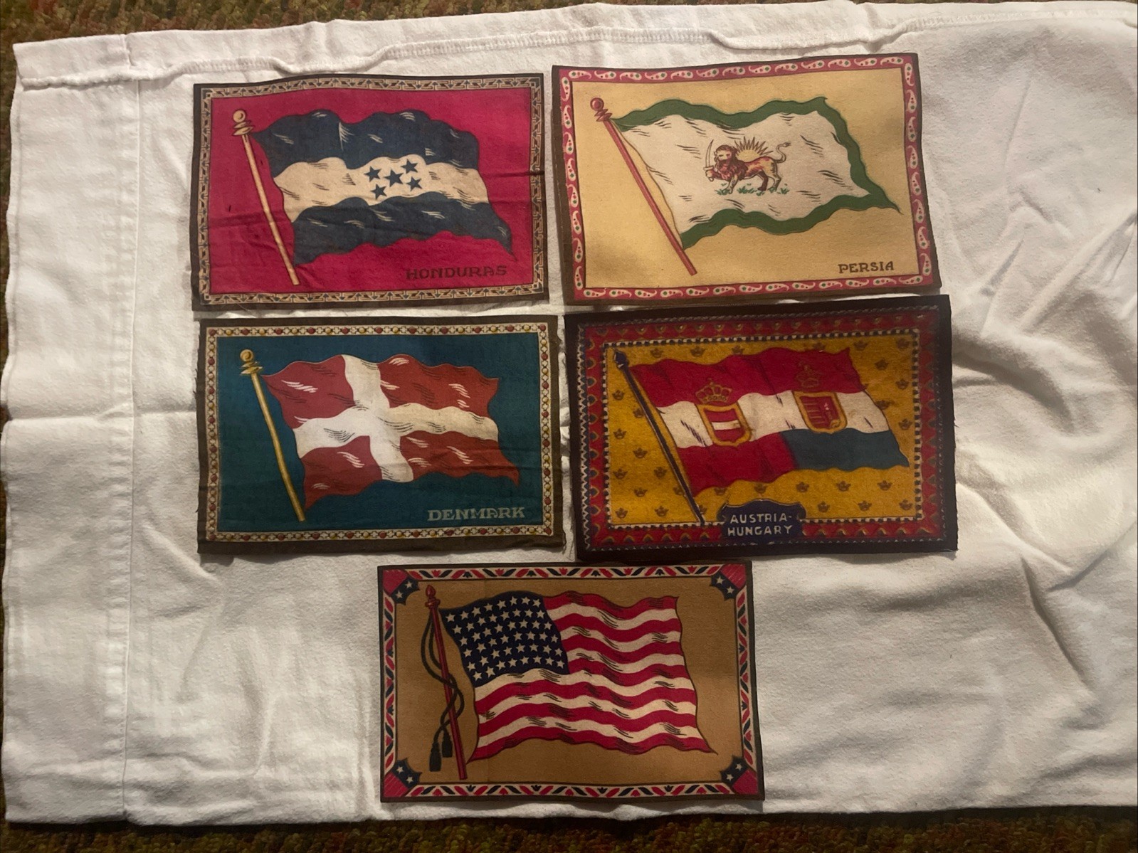 Premium Cigar Box Felts Lot of 5 Flags Persia Honduras Denmark AH USA 8.5×5.25