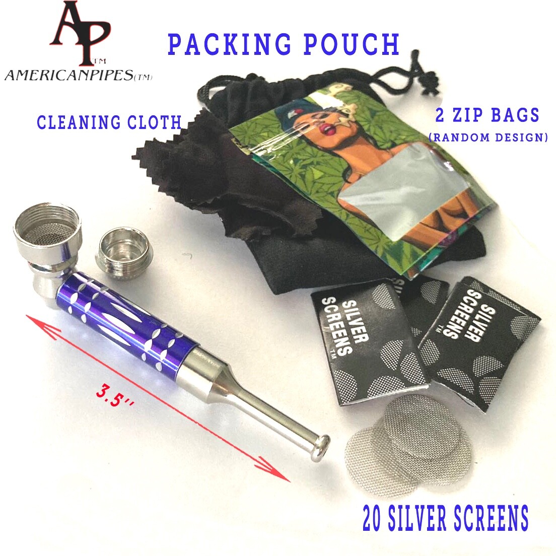 Americanpipes™️ 3.5″ metal tobacco smoking pipe w 20 silver screens