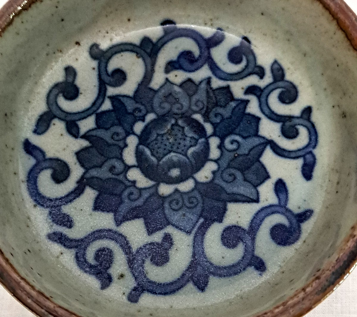 Vintage Otagiri OMC Japanese Glazed Stoneware Ashtray Speckled Beige Blue Floral
