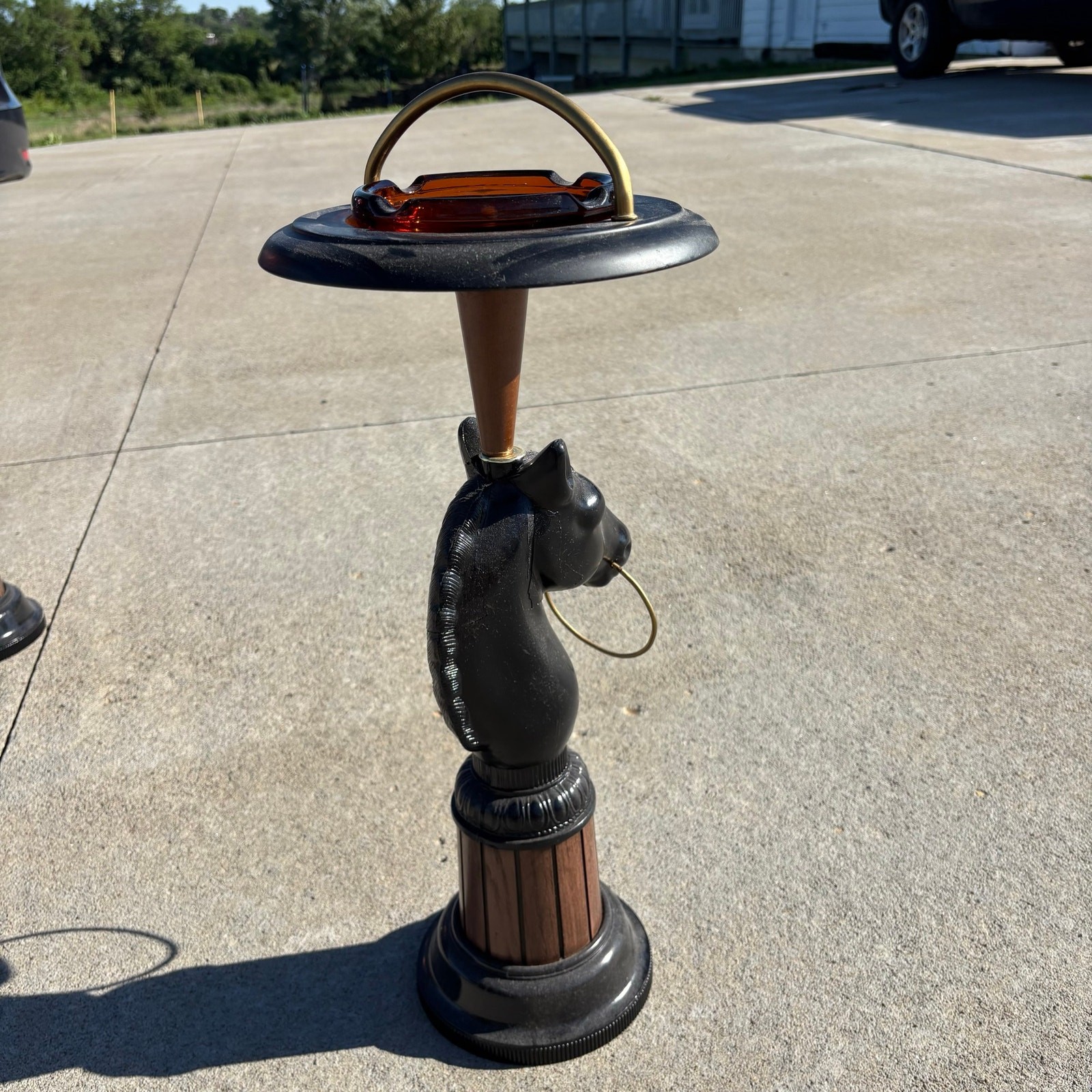 Vintage Horse Bust Standing Ashtray – Cast Aluminum Brass Wood & Amber Glass 24″