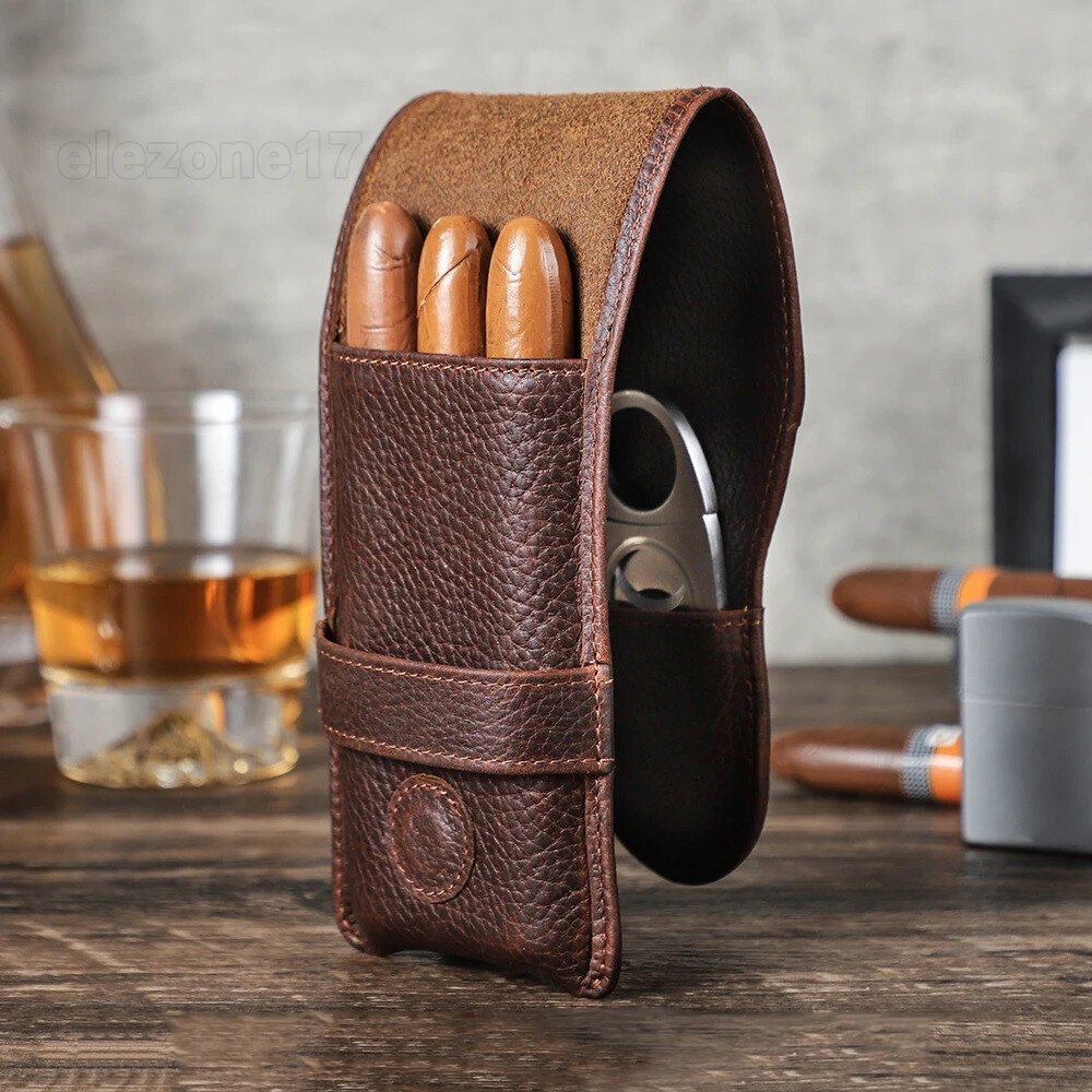 3 Tubes Genuine Leather Cigar Case Travel Humidor Portable Cigars Cutter Holder