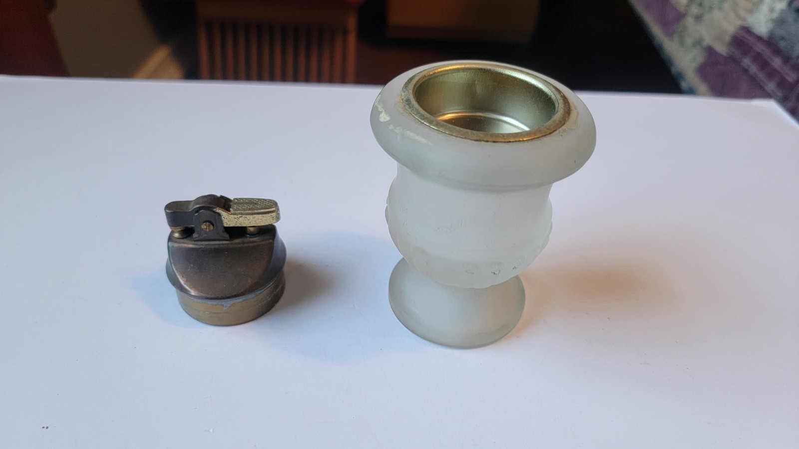 Vintage Table Lighter Fog Glass Brass Top No Wick Flint or Fluid Made In Japan