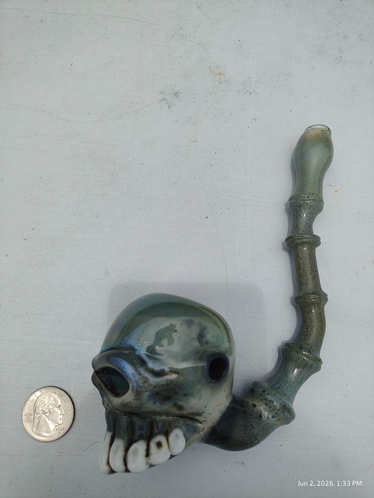 Signed Wusavi WZ Ghost Glass Apprentice Skull Hand Pipe Heady Art Glass