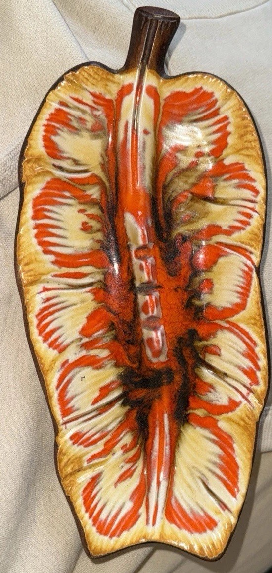 MCM 1963 Vintage Treasure Craft U.S.A. No 27 Orange Gold Yellow Leaf Ashtray