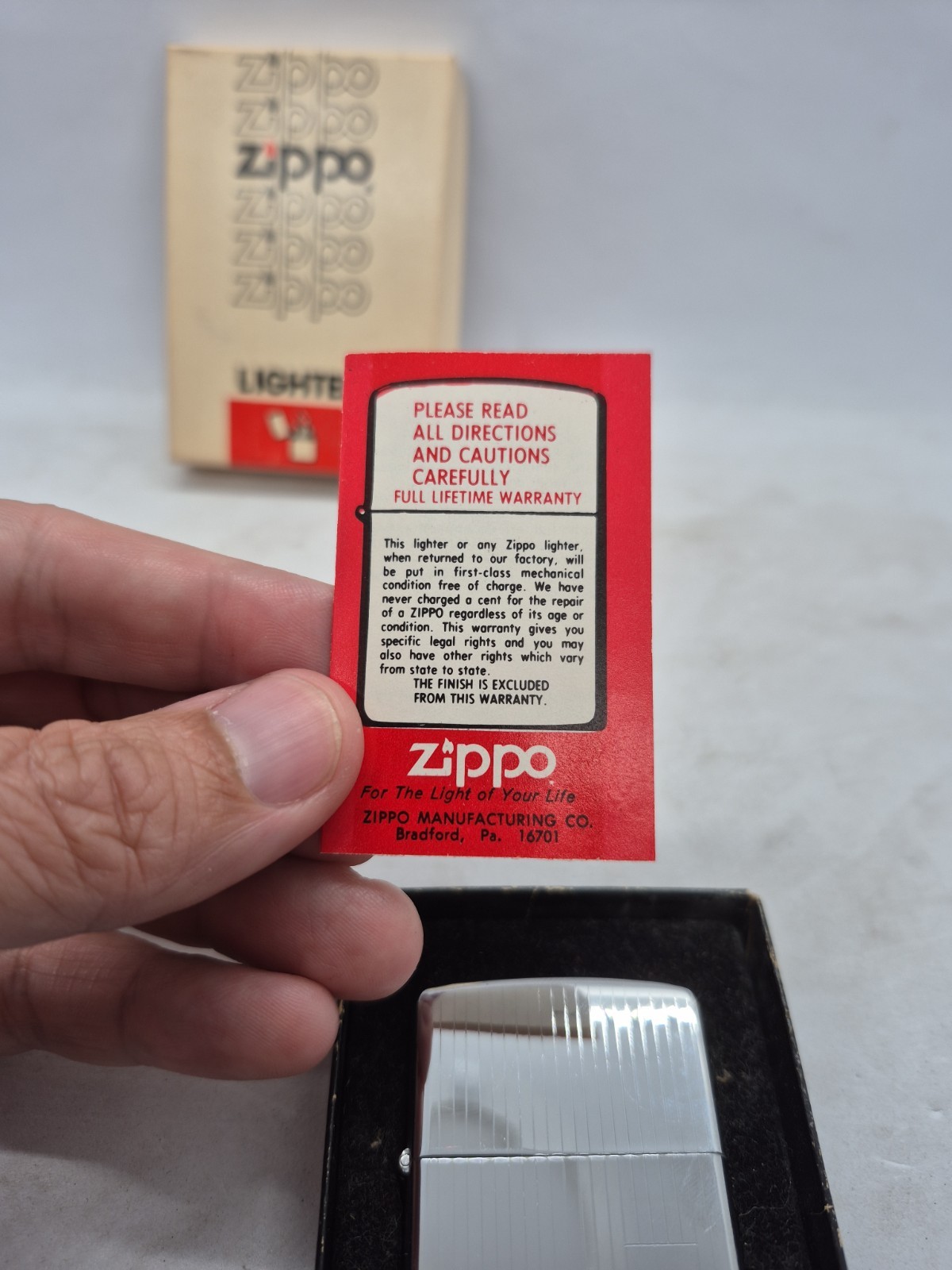 1979 Zippo No. 350 Engine Turned Pinstripe Chrome Lighter Box Papers Unused