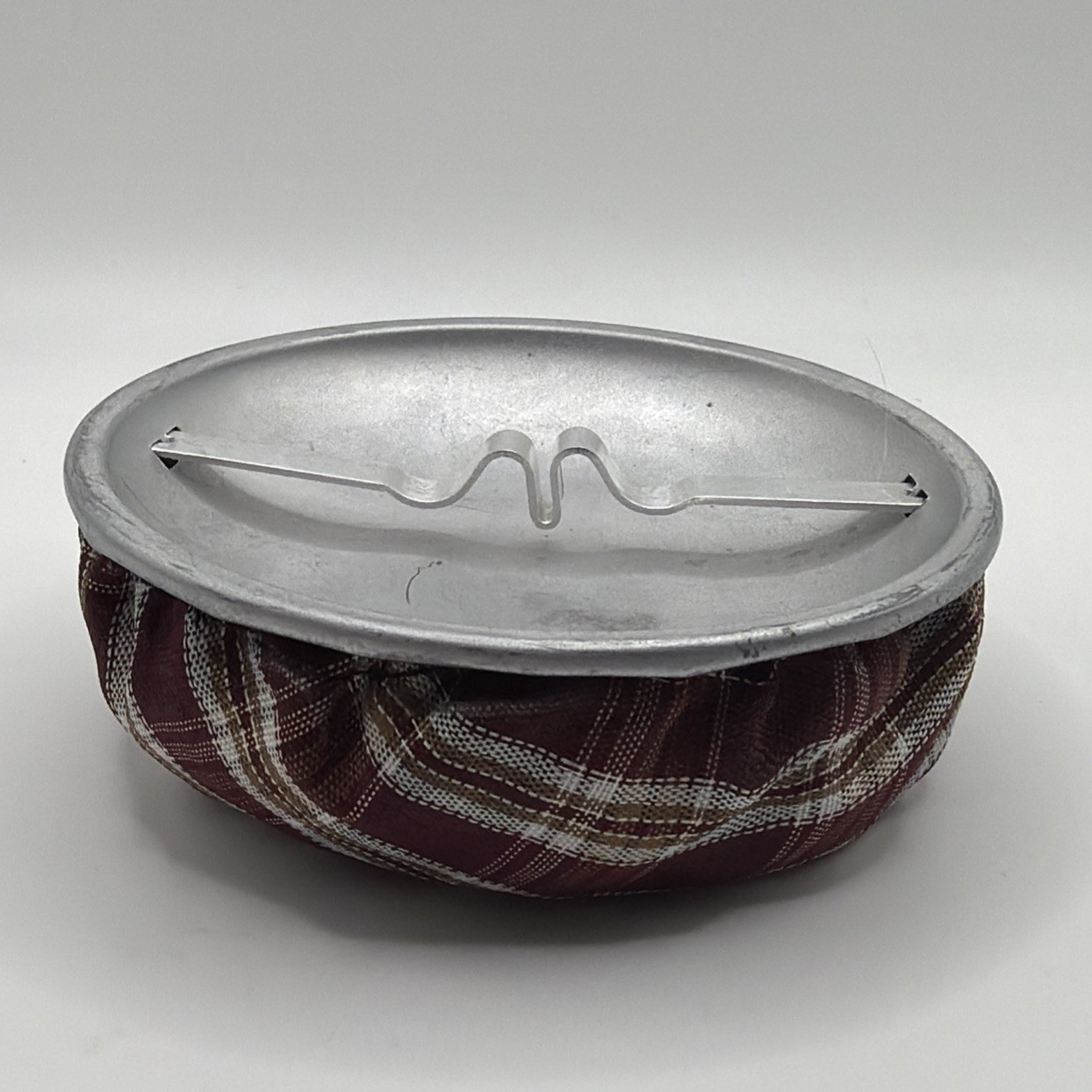 Vintage Retro Original Weighted Bean Bag Ashtray Plaid Burgundy Fabric 50s – 70s
