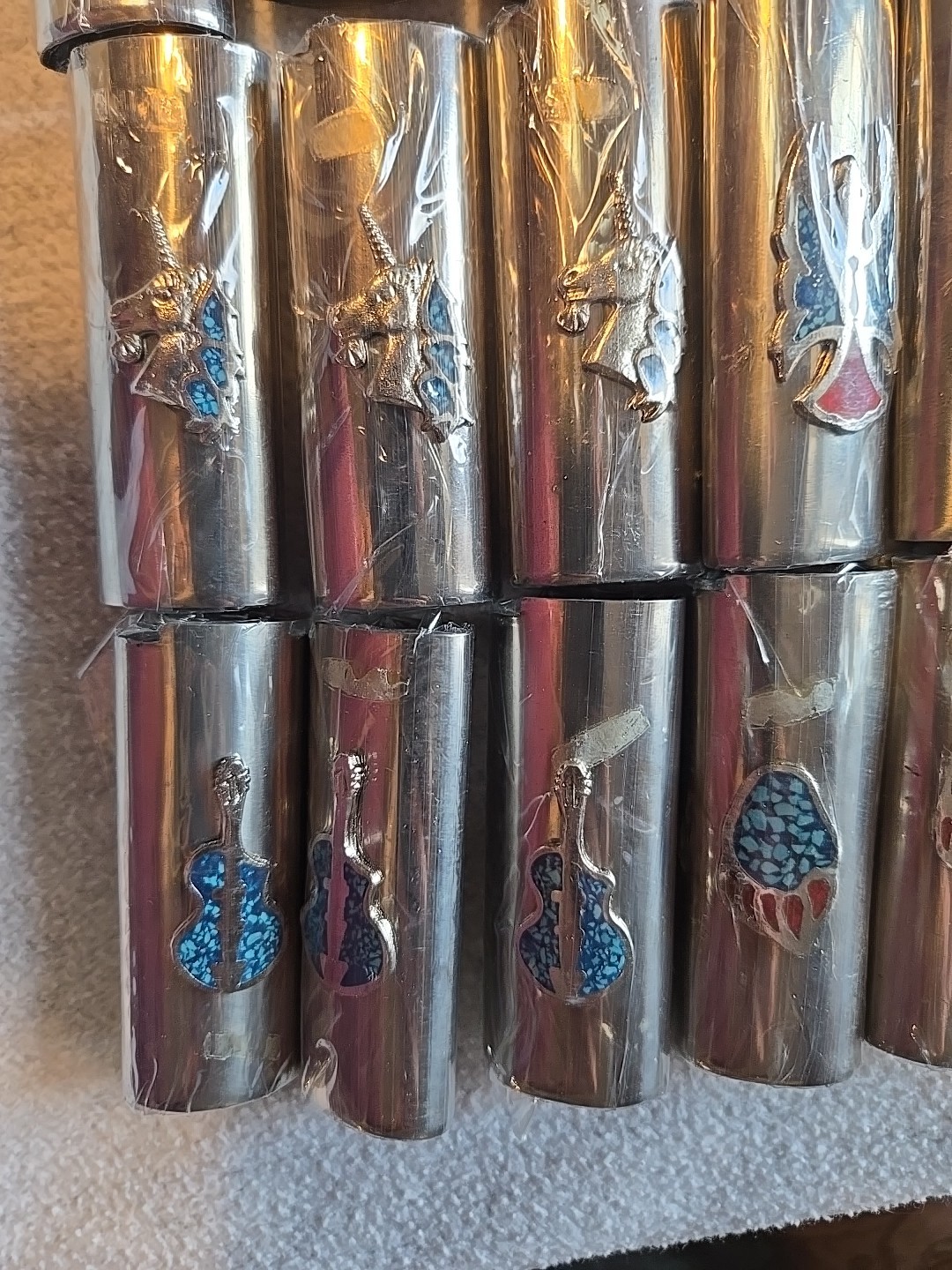 20 Vtg Lighter Case Lot HEART GUITAR UNICORN GUN Cover Holder Turquoise for Bic