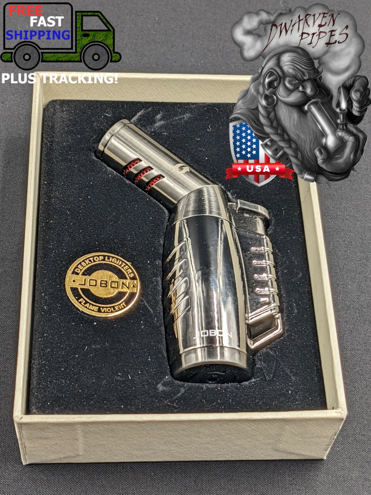 Jobon 3 Jet Torch Butane Lighter with Adjustable Nozzle – Silver