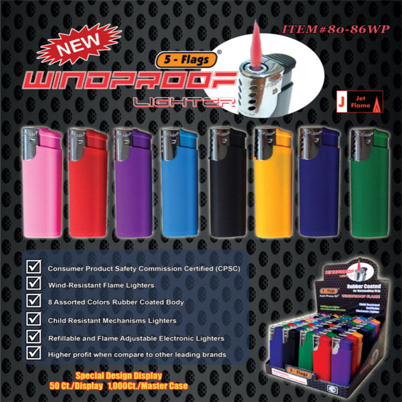 5-Flags® Rubber Coated Windproof Flame Electronic Lighter Refillable 50Pcs 80-86