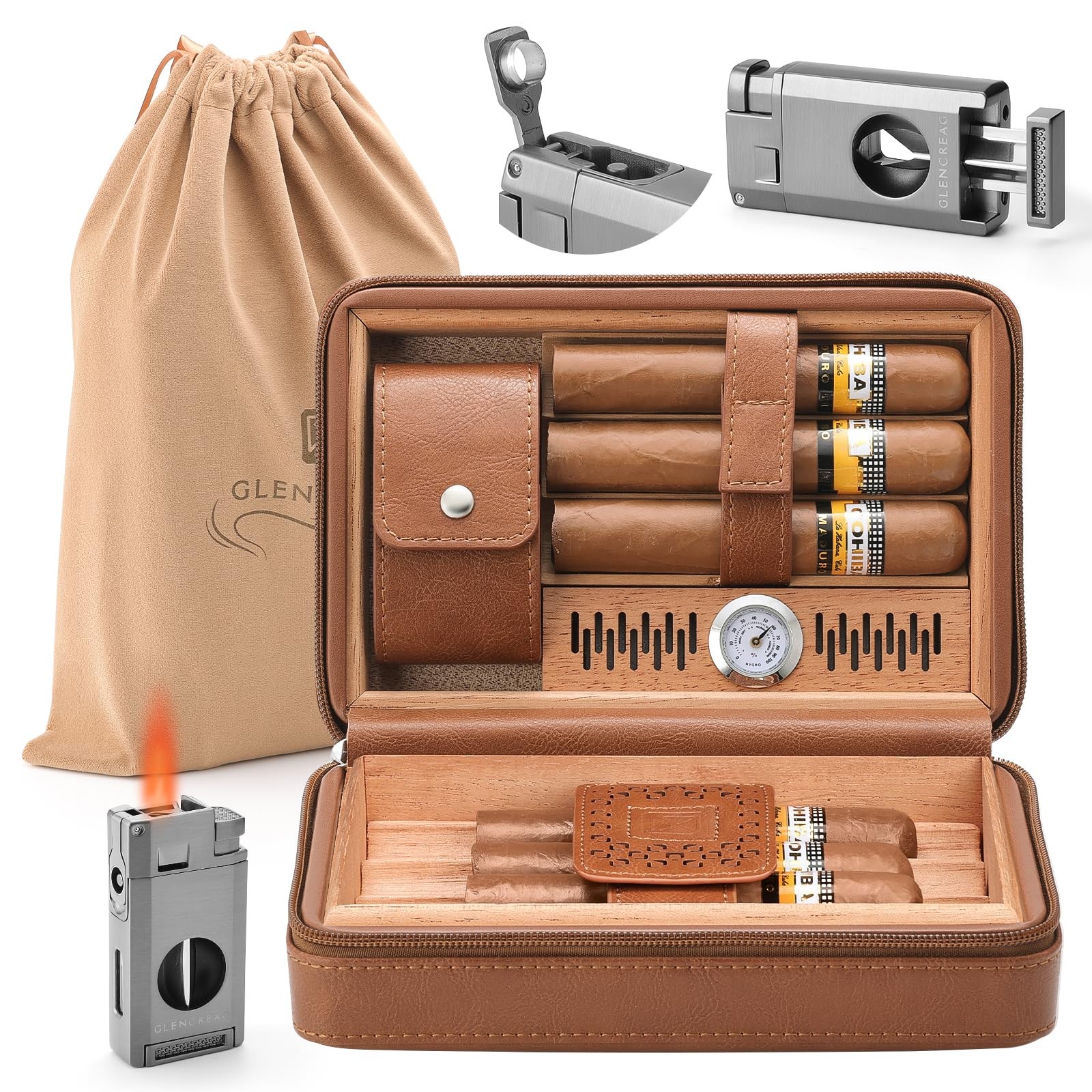 Glencreag Portable Travel Cigar Case Leather Cedar Wood Lined Cigar Case V