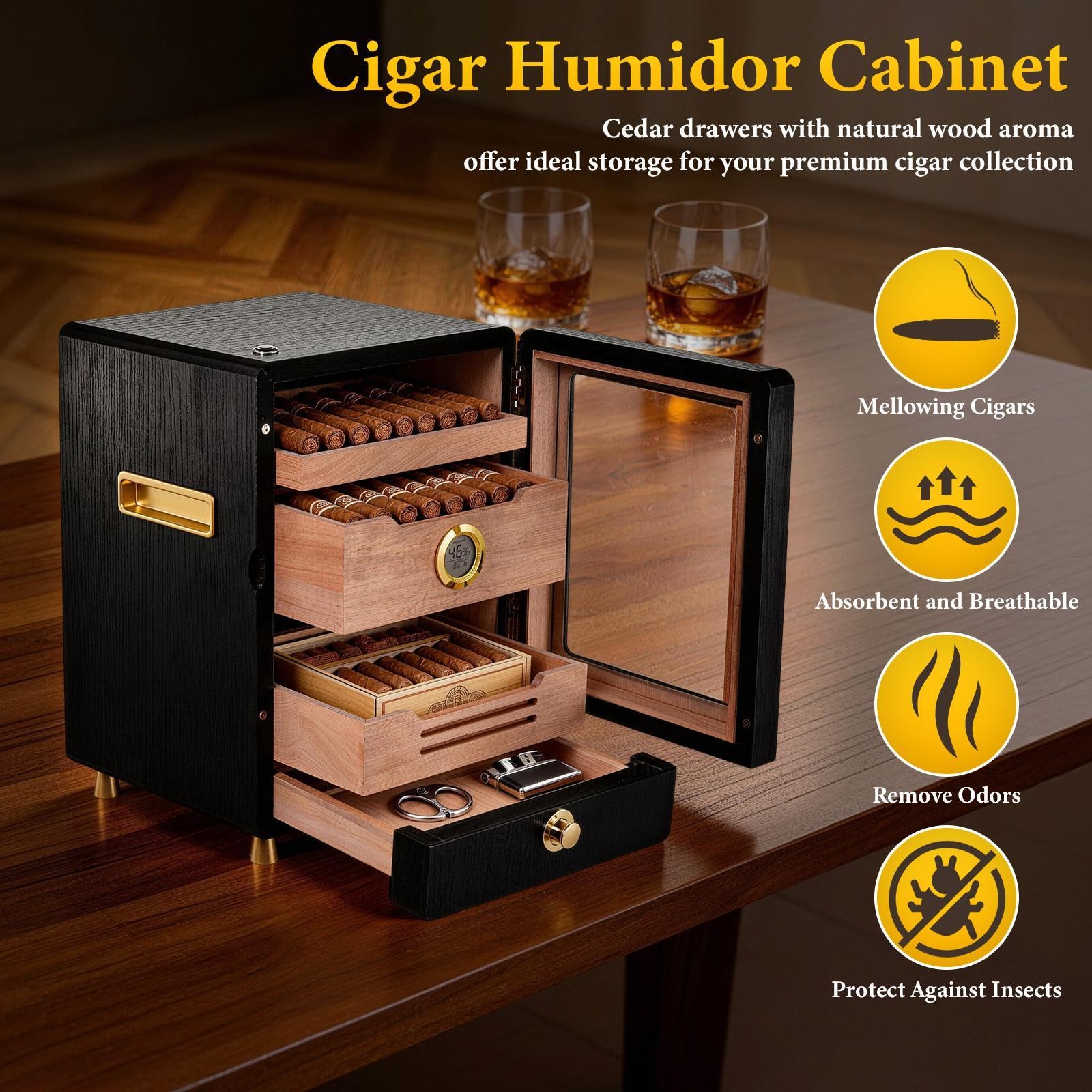 Cigar Humidor Cabinet, Electric Thermostatic LED Cigar Humidor for 100-150 Cigar