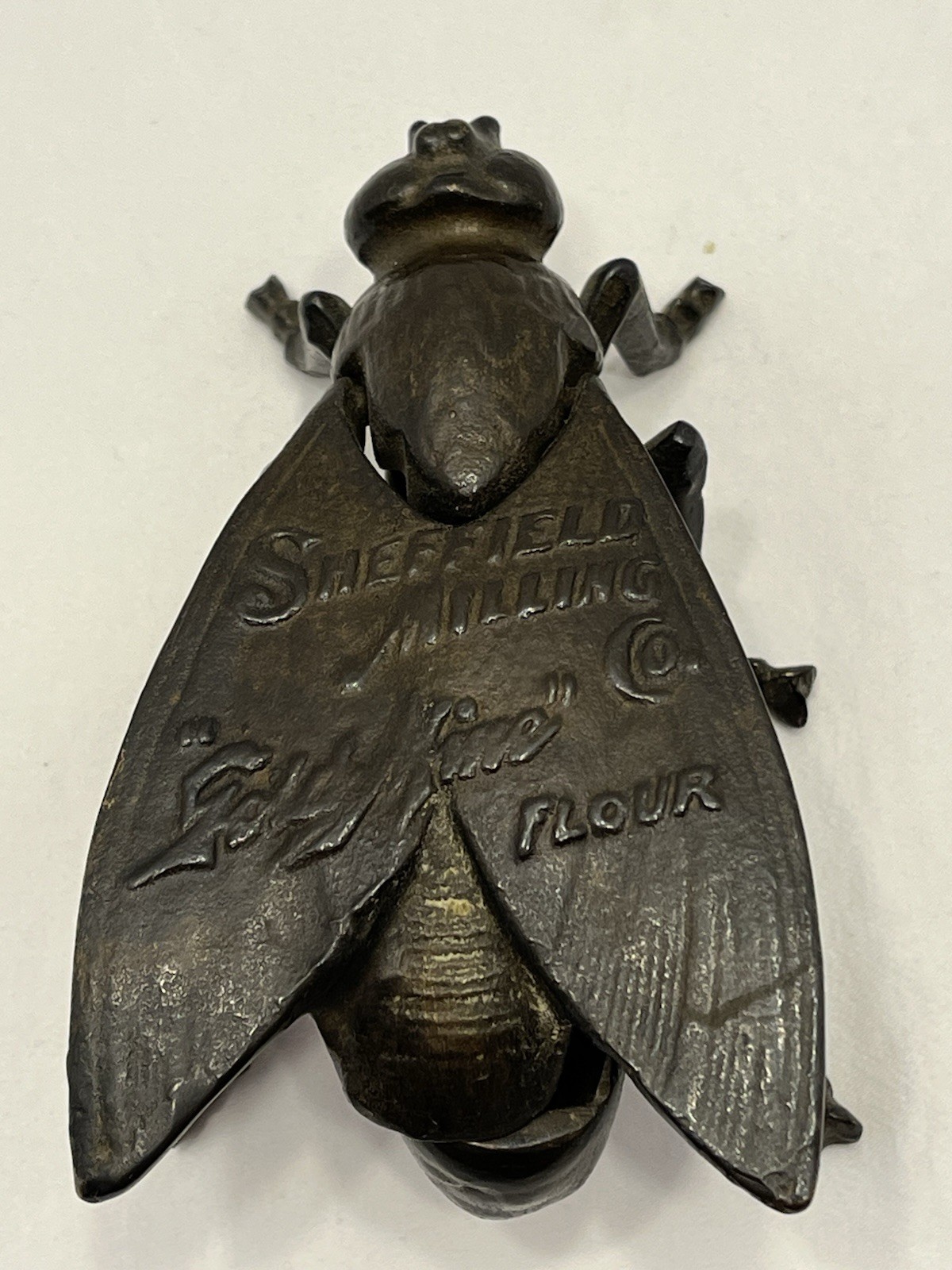 Antique Cast Iron Fly Match Safe Advertising SHEFFIELD MILLING GOLD MINE FLOUR