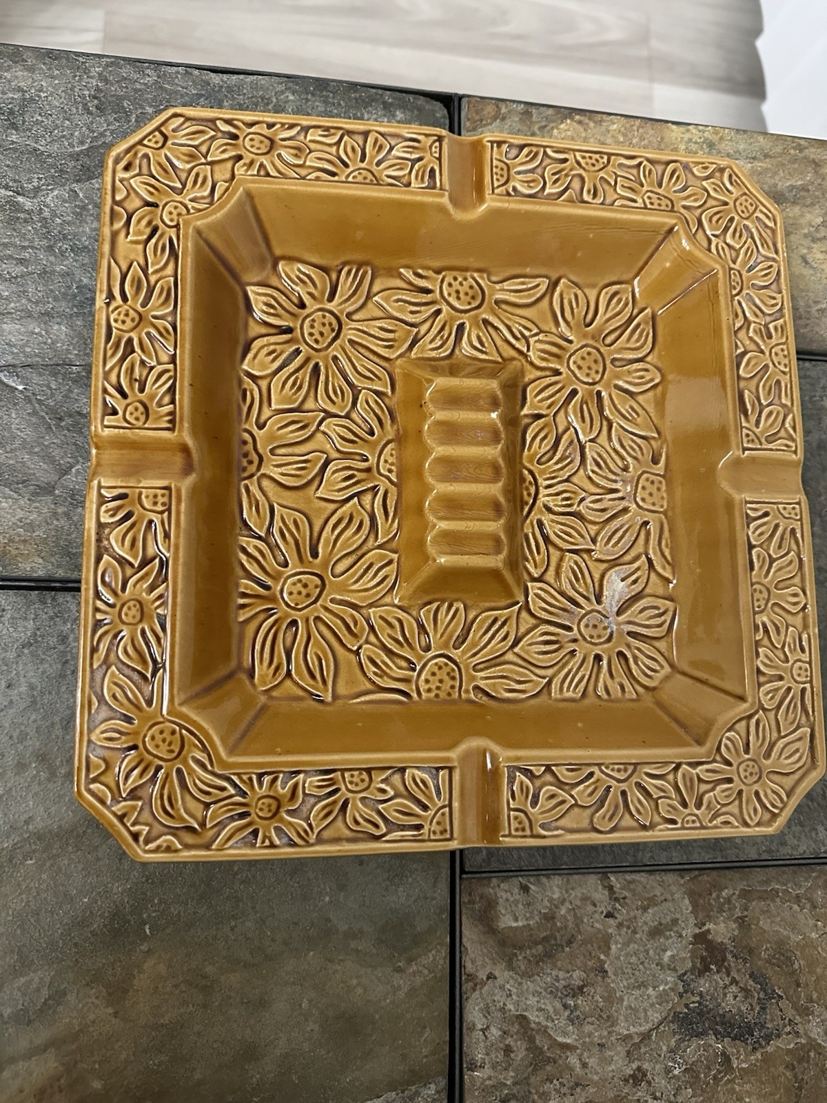 Vintage JAPAN Daisy Flower Large Square Brown 1970’s Tray