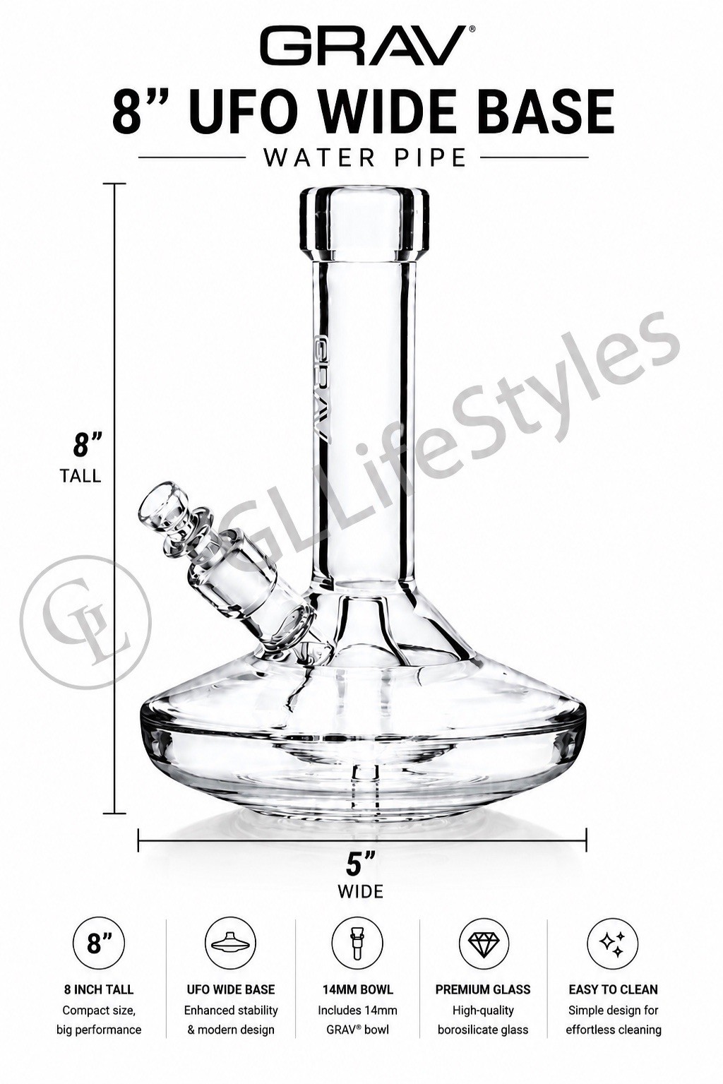 UFO 8″ Inch Grav® Small Wide Base Water Pipe Bong Glass Hookah High Quality*USA*