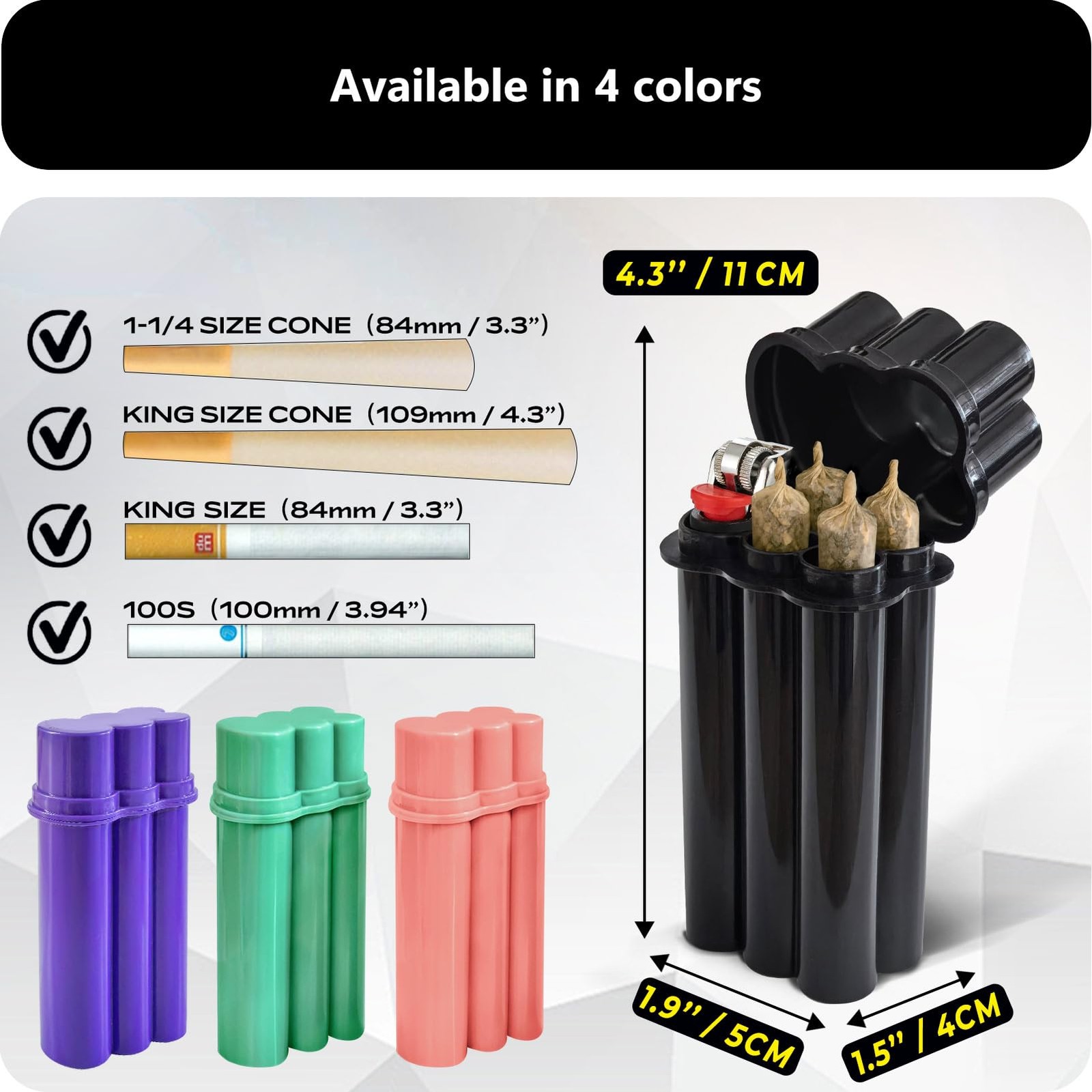 (4 Pack) King Size Pre-roll Cone Holder Case, 4-Hole Cigarette 4-PACK, Black
