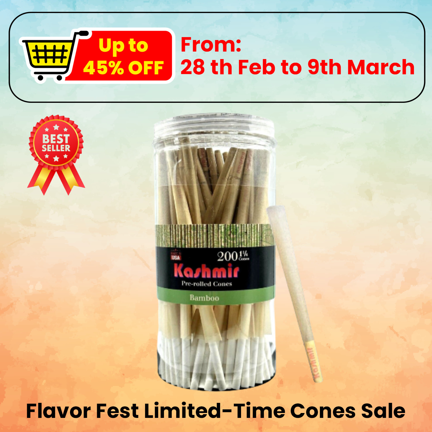 Kashmir Pre Rolled Cones 1-1/4 Bamboo Slow Burning Rolling Paper Cones 200 Ct