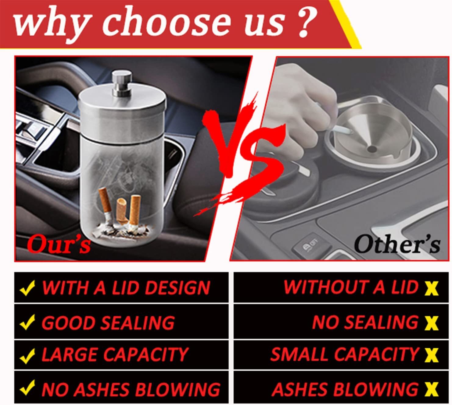 Car Ashtray with Lid Smell Proof Stainless Steel Portable Ash Tray for Smoking