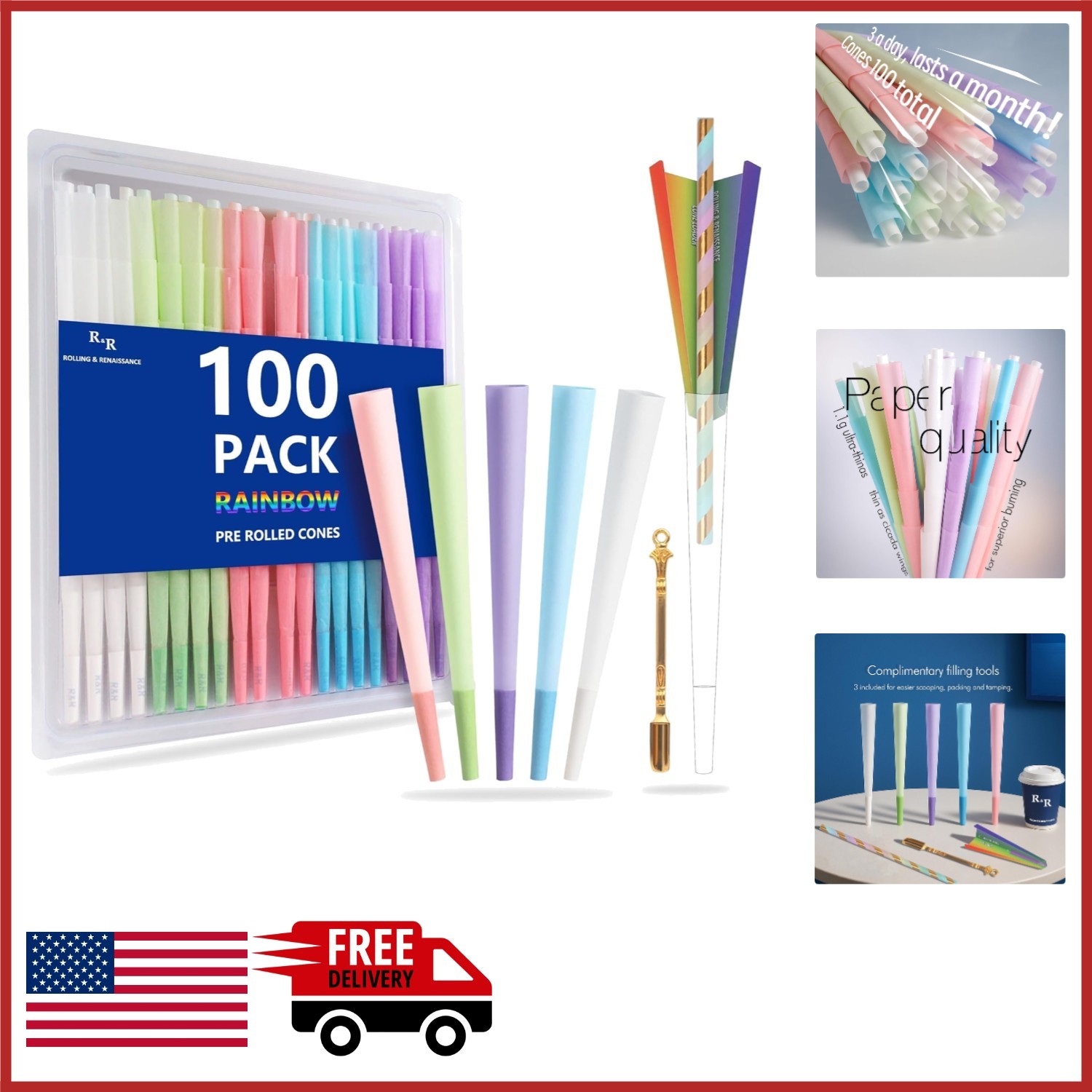 Rainbow King Size Pre Rolled Cones 100 Count for Quick Sessions and Sharing