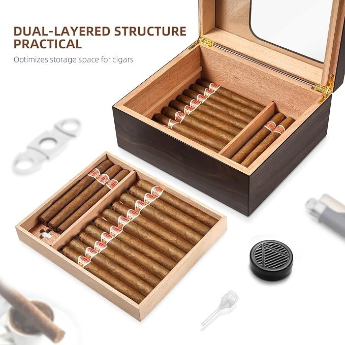 Modern Cigar Humidor Box Glass Top Digital Hygrometer Cedar Holds 25-50 Cigars
