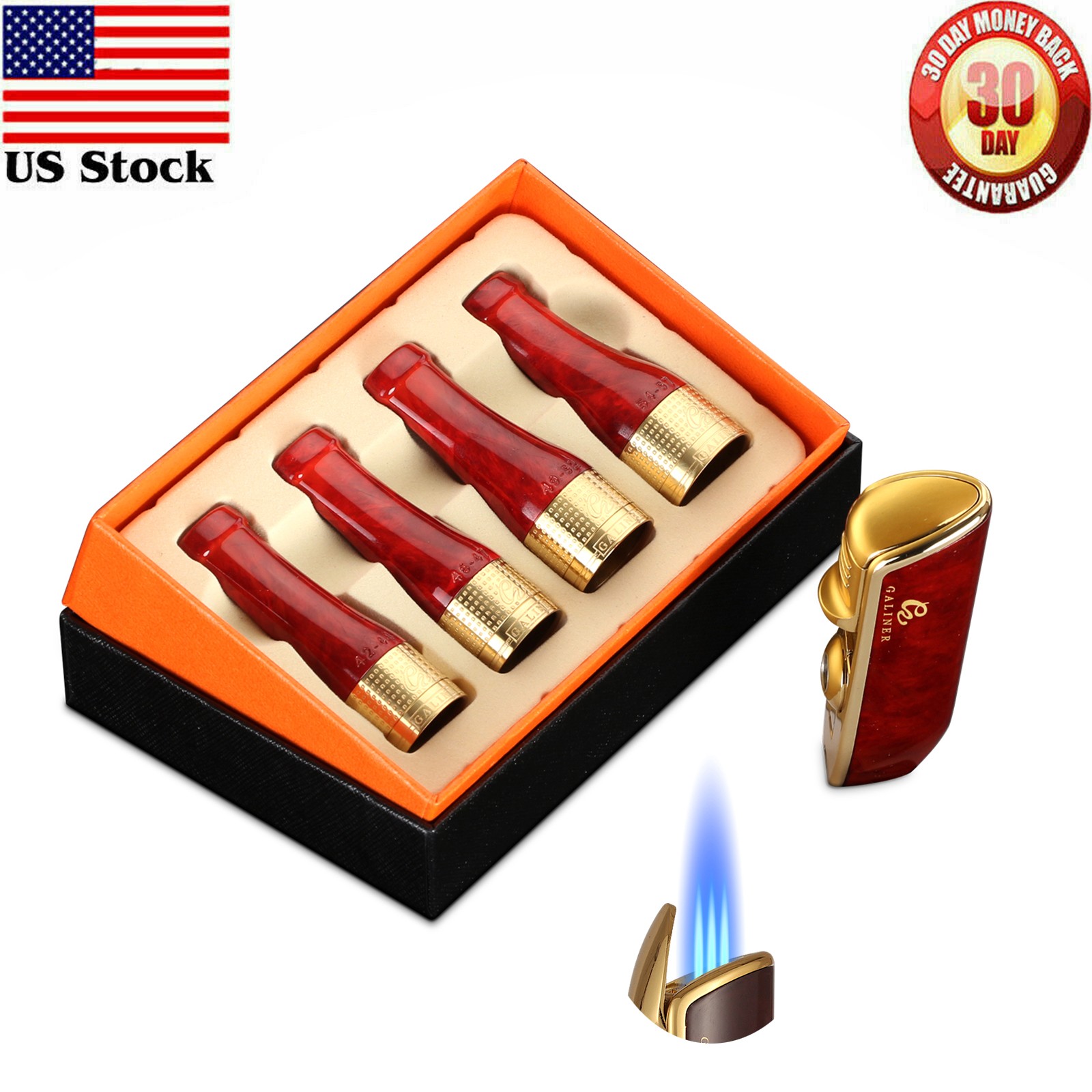 Galiner Windproof Metal Cigar Lighter 3 Jet and Cigar Holder 4 Size Pure Copper