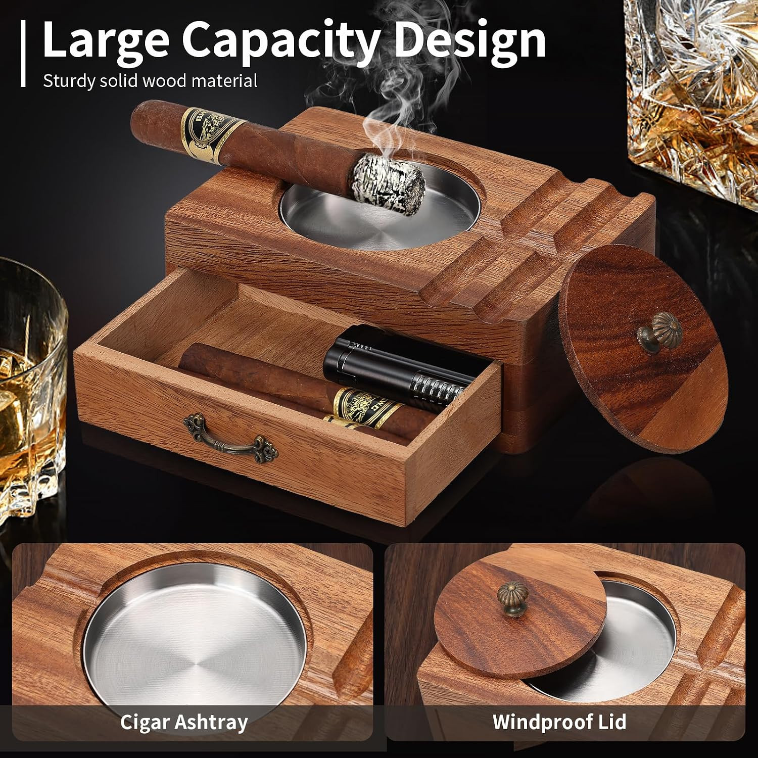 Cigar Ashtray Wooden Box – Windproof Lid, Stainless Steel Removable Bowl, Cigar