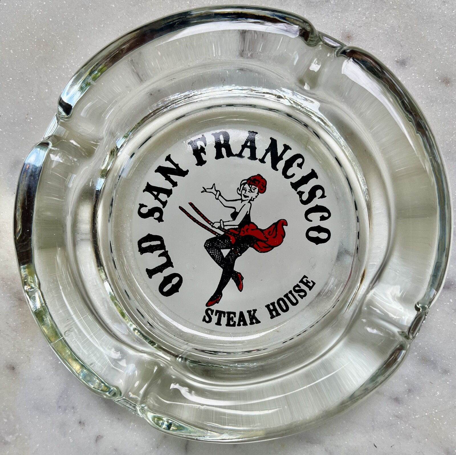 Old San Francisco Steak House Ash Tray Restaurant Glass Vintage Show Girl Swing
