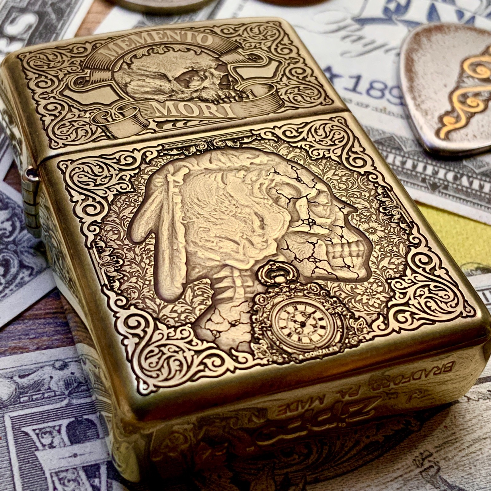 Zippo “Memento Mori” Indian head skull Themed Brass Armor Cigarette lighter