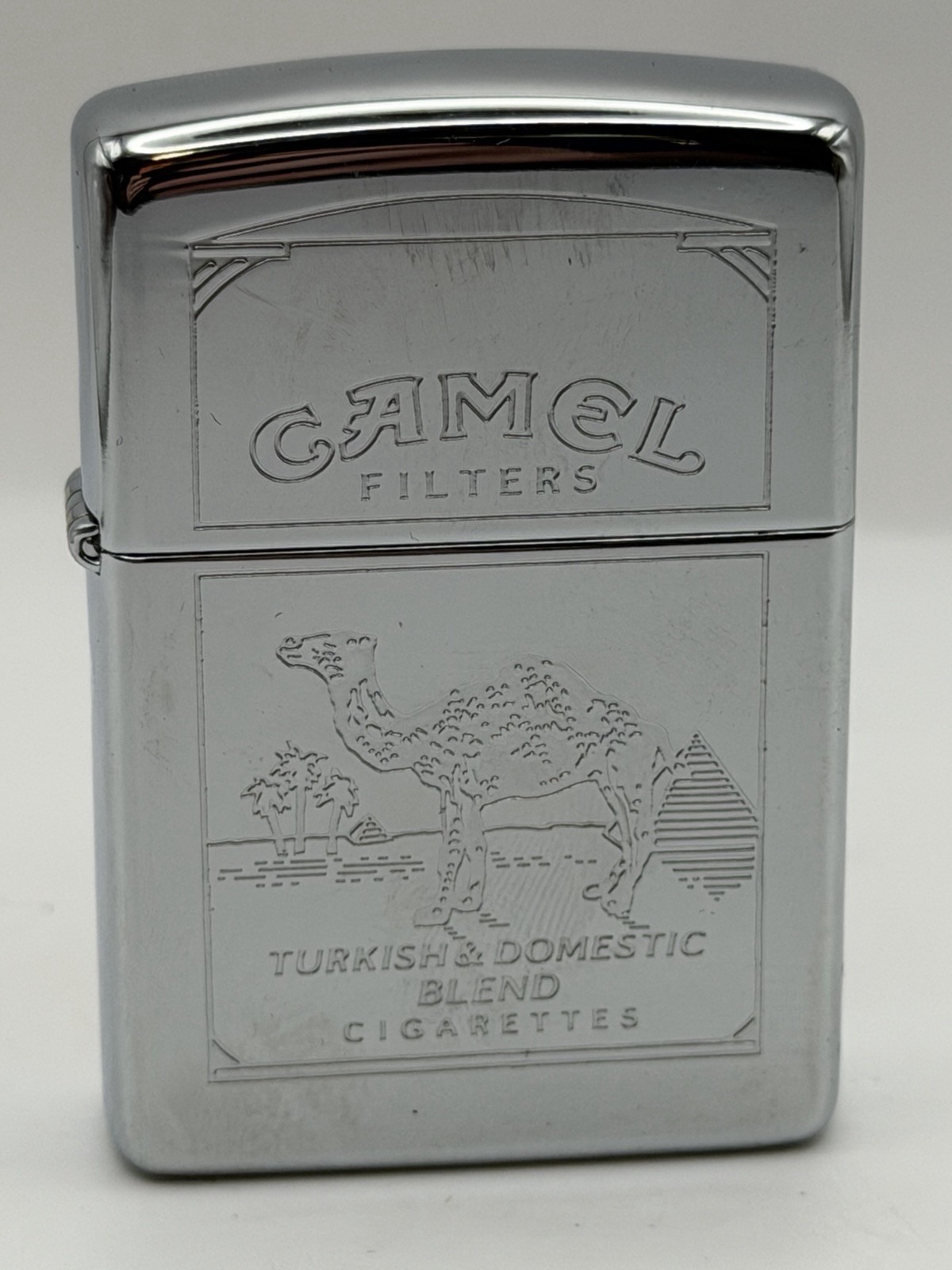 Vintage Camel Turkish Double Sided High Polished Chrome Zippo Lighter NEW In Tin