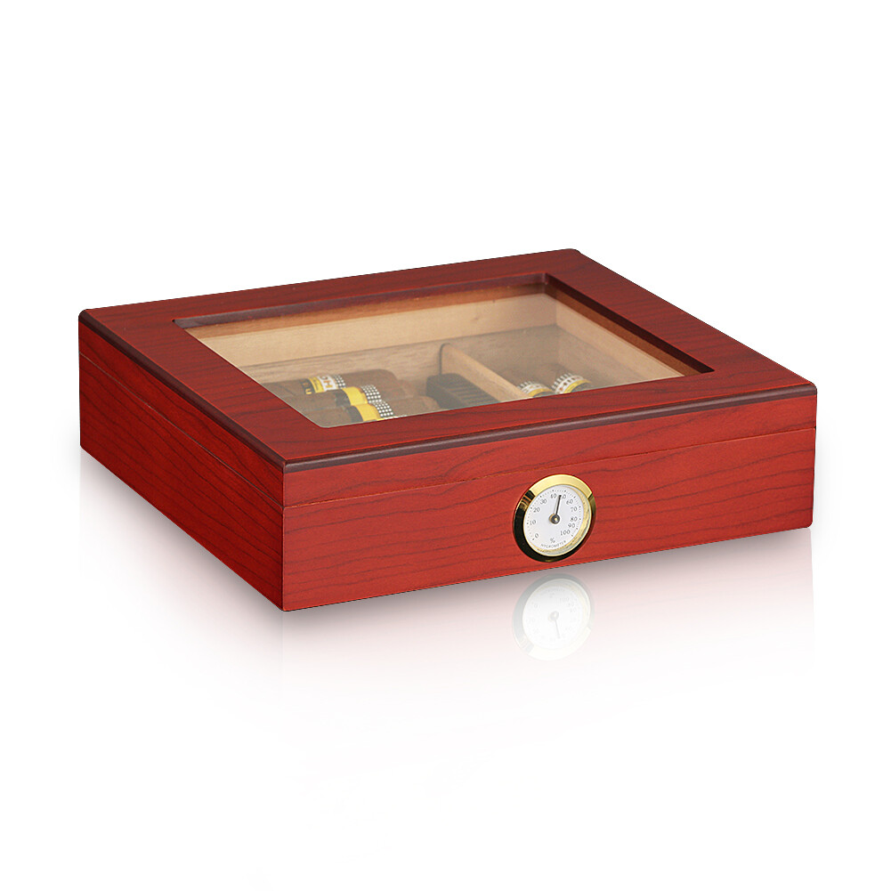 20ct Cigar Humidor Storage Box Desktop Glasstop Humidifier Hygrometer Wooden