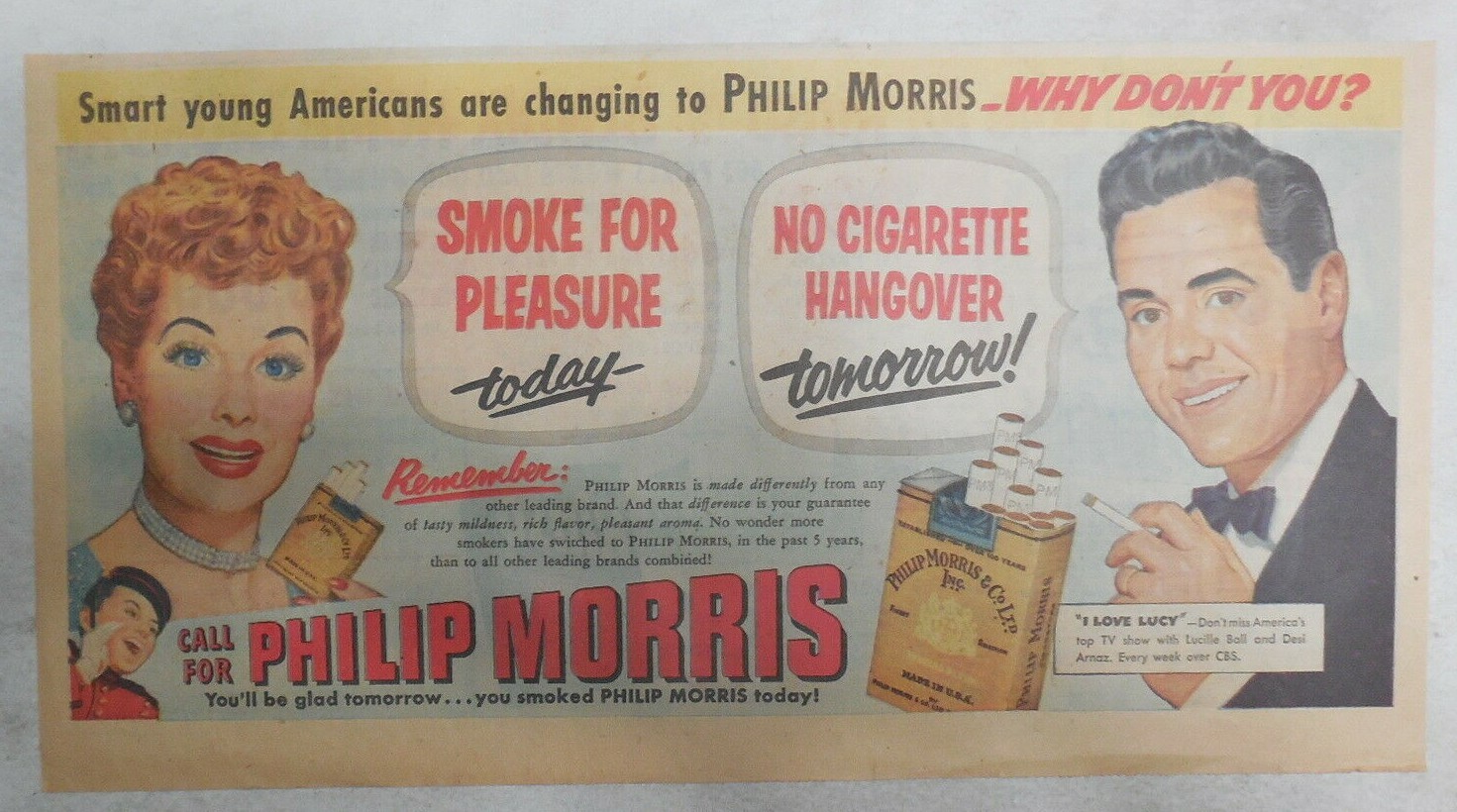 Phillip Morris Cigarette Ad: I Love Lucy, Lucille Ball 1950’s 7.5 x 15 inches