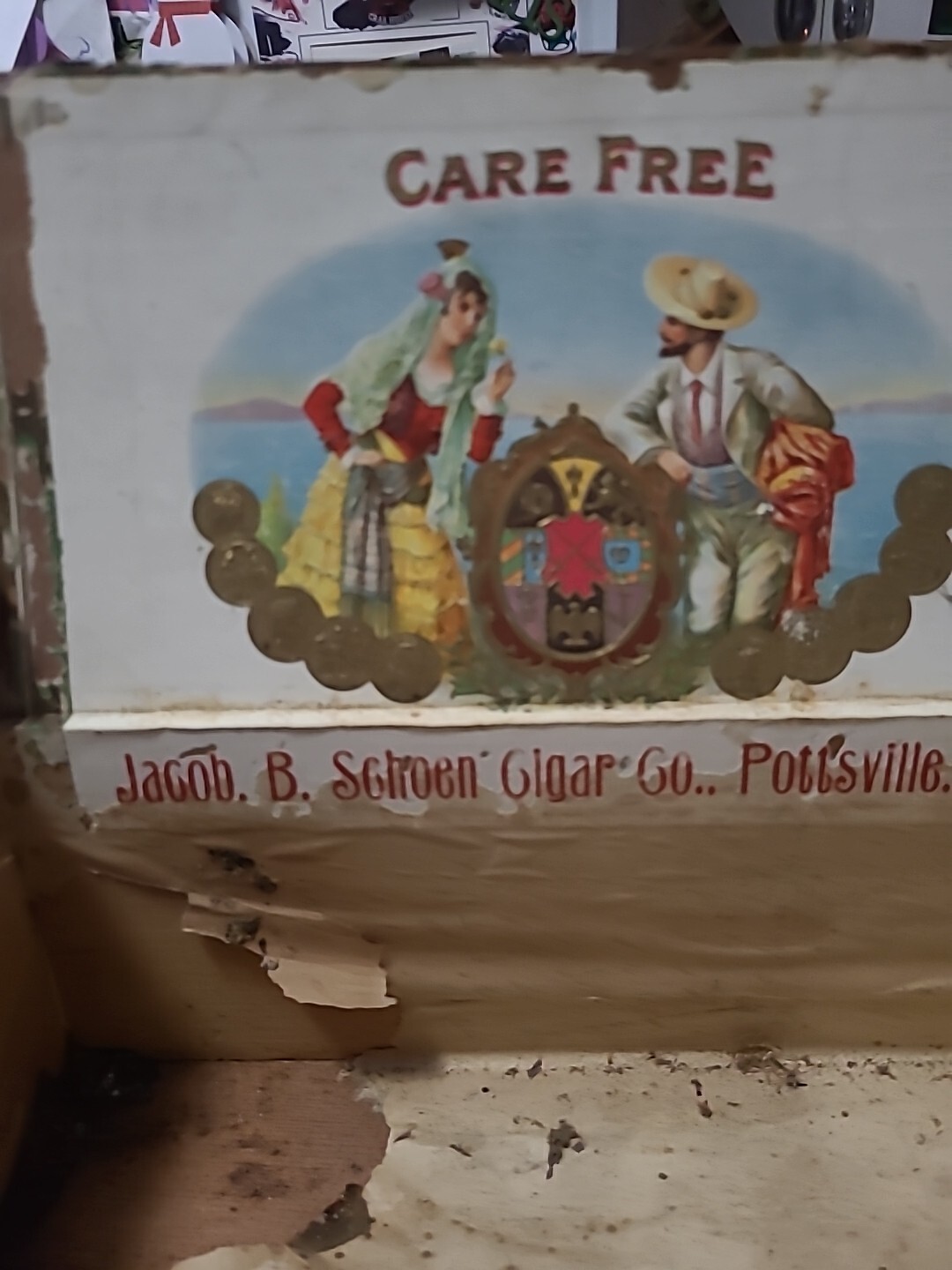 Care Free Cigar Box Wooden 1917 Tax Stamp 100 Pottsville Pa Jacob Schoen