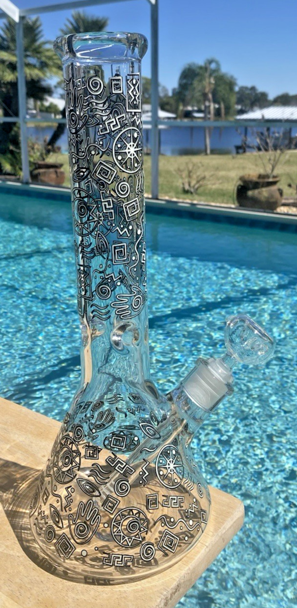 14″Glow in the Dark 7mm Glass Water Pipe Bong Beaker Ice Catcher 5.75″ Base 14mm