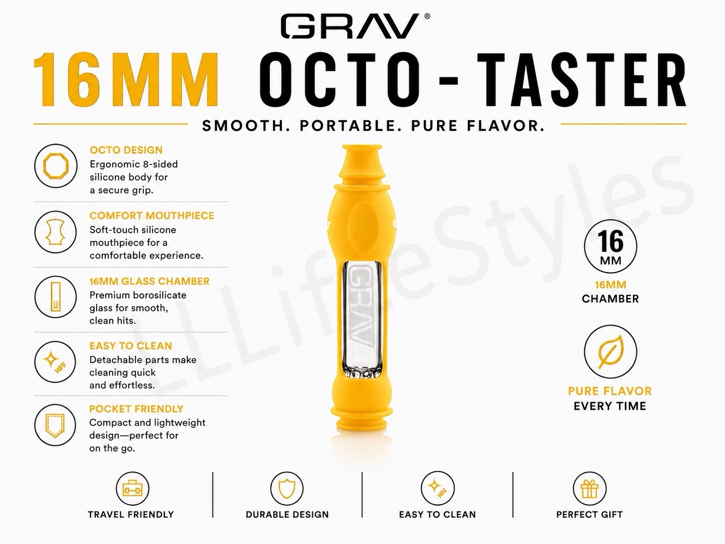 GRAV 4″ Octo Taster 16mm Chillum One Hitter Silicone Glass Smoking Bowl- Yellow