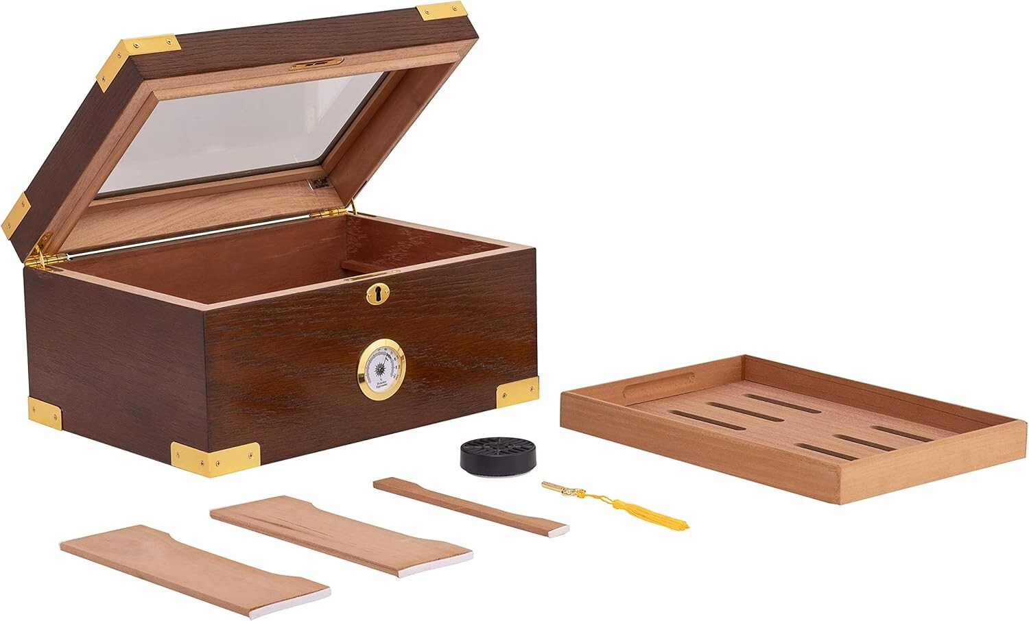 Elegant 100 Cigar Humidor Tempered Glasstop Cedar Spanish Divider, Brass Ring G